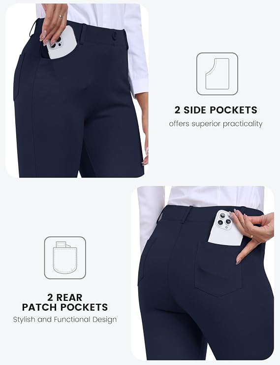 MoFiz Women's Capris Pull-On Stretch Straight Leg Elastic Waist Cropped Dress Pants with Pockets for Golf Yoga Office Work