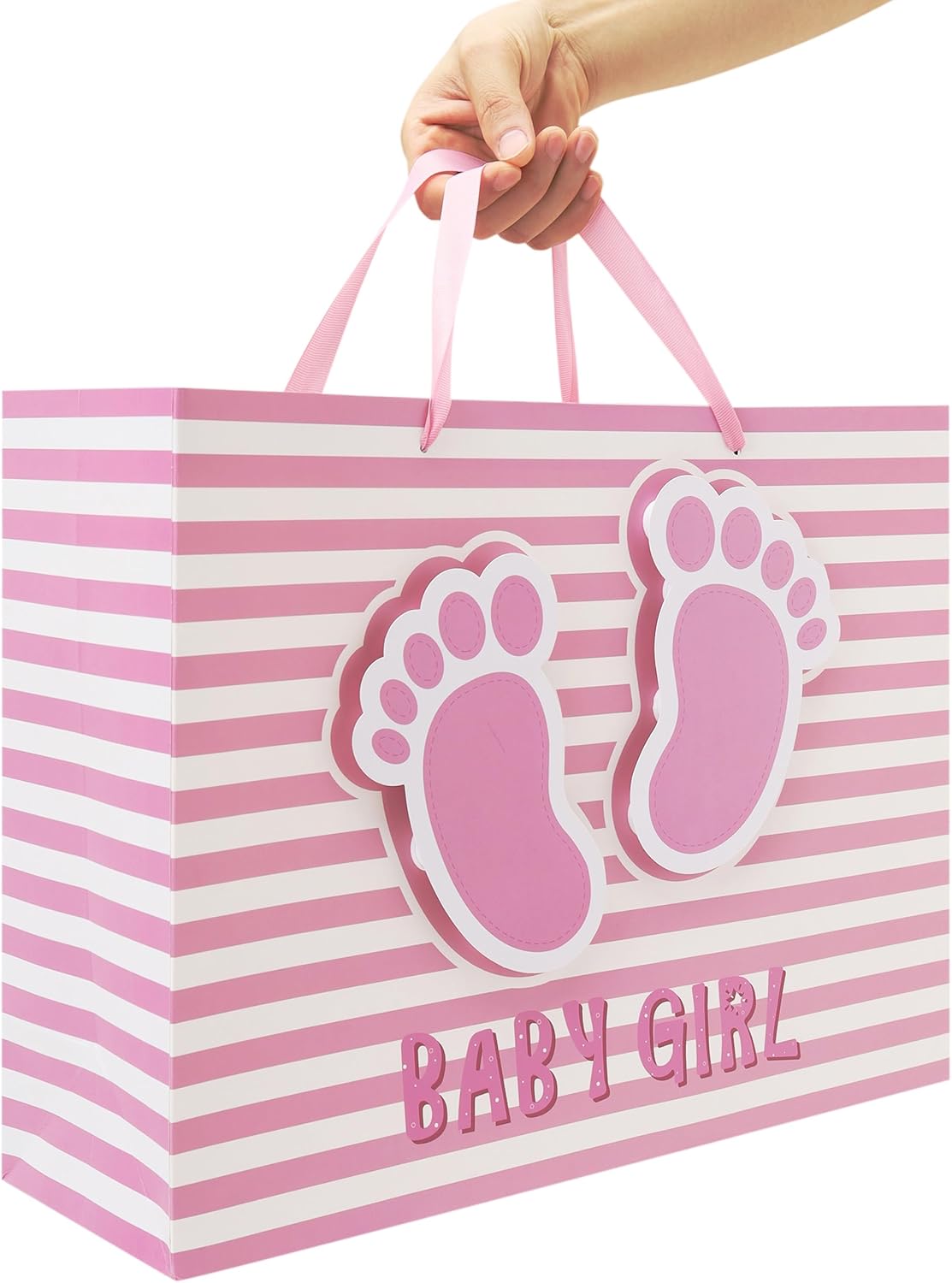 16.5'' Extra Large Baby Girl Gift Bag Set with Handles, Greeting Card, Pink Tissue Papers and Stickers for Girls Kids for Baby Shower, Girls' Birthday Party, Newborn, New Moms, Little One, 1st Baby, 3D Footprints Design, 1 Pcs - Image 6