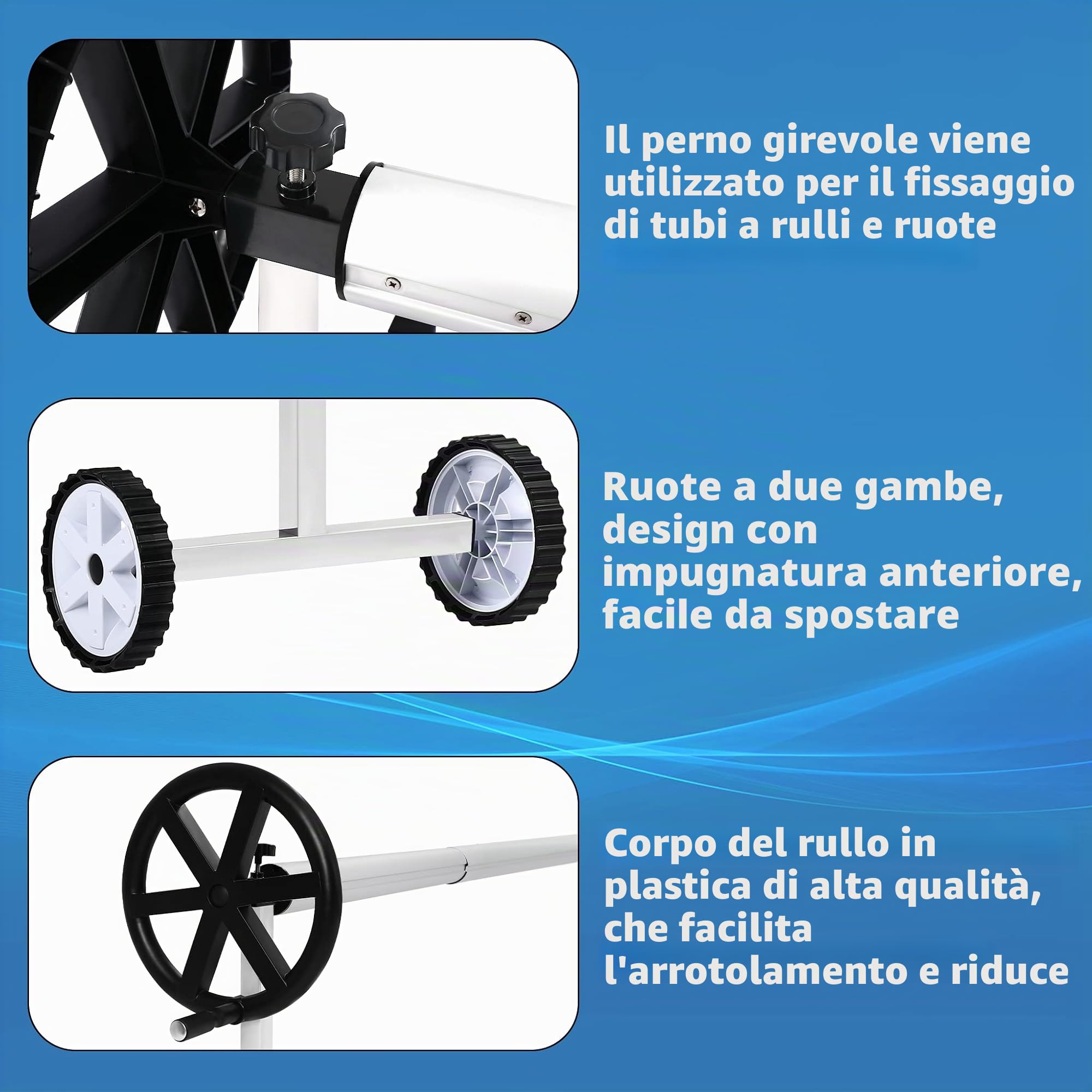 Sistema di avvolgimento mobile per piscina, accessorio per teloni da piscina, telo solare con nastri e ruote, 3-5,7 m