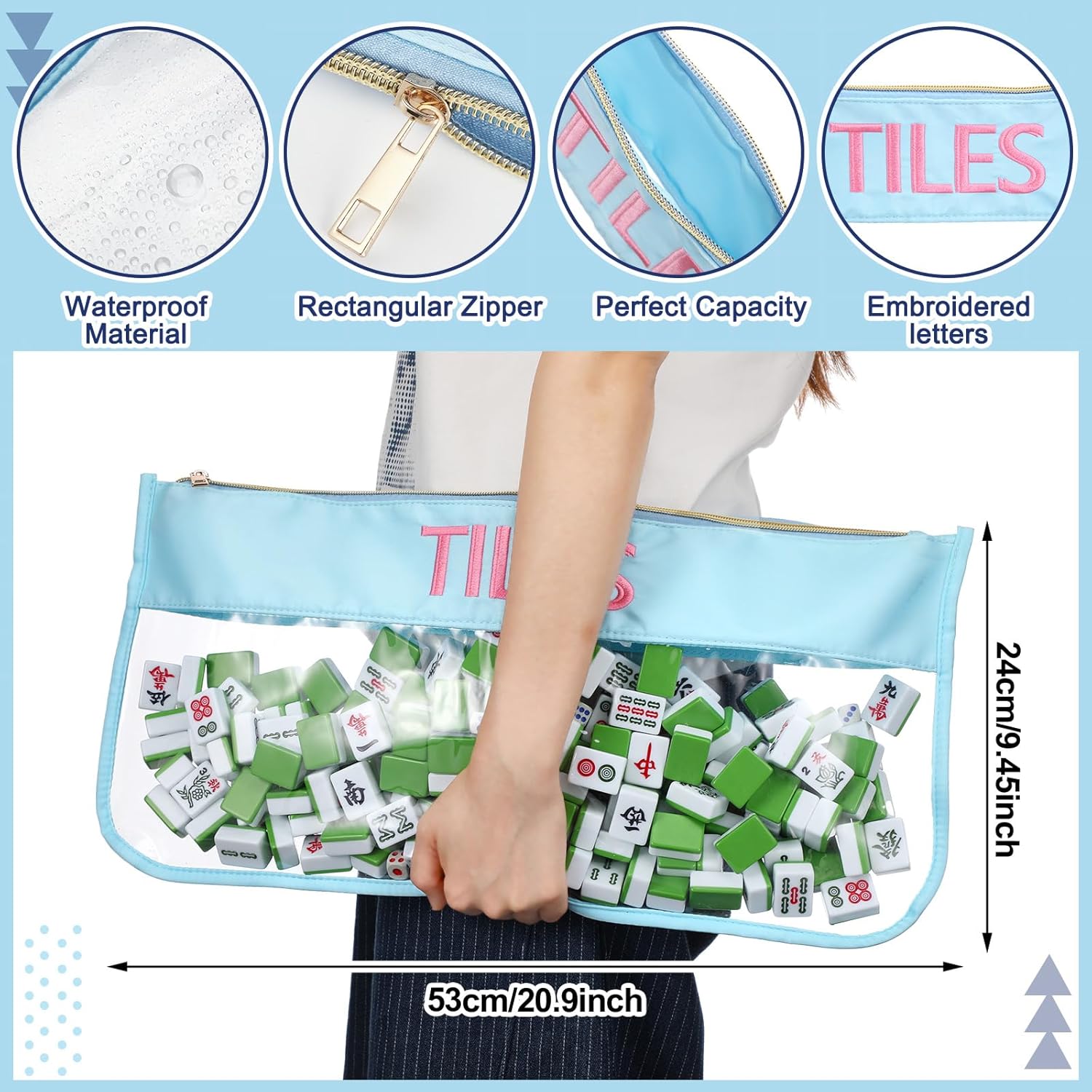 3 Pcs Empty Mahjong Bag Set for American Mahjong Tiles Bag with Zipper Embroidered Canvas PVC Nylon Pouch Anti-Slip Board Game Table Mat for Women Lover Gift Accessory(Blue)
