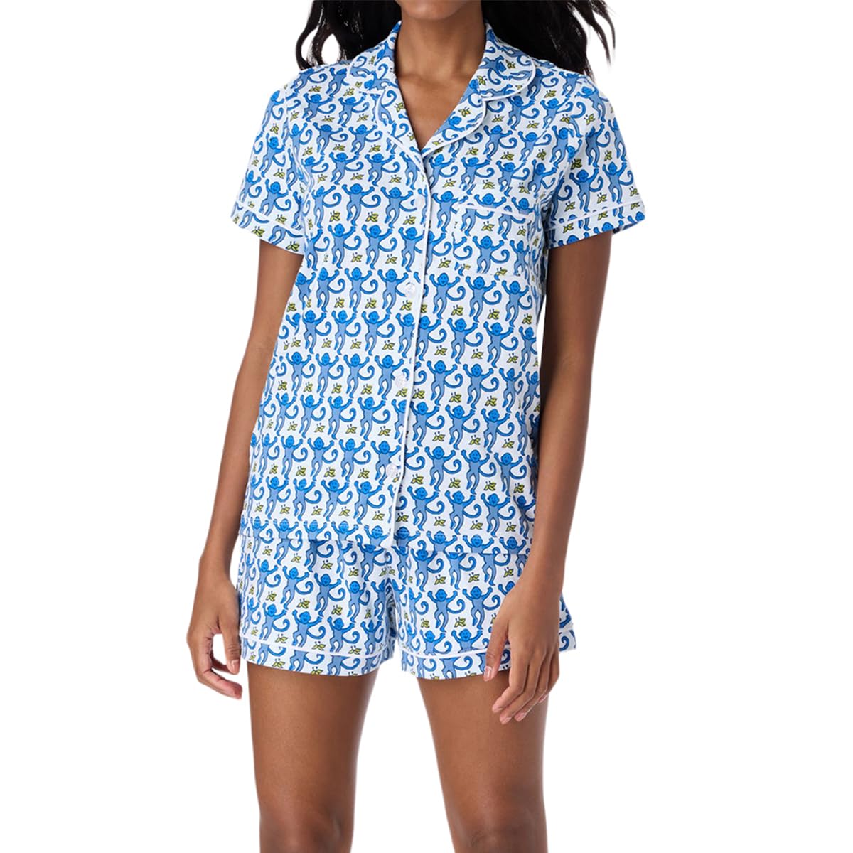 Amiblvowa Women Roller Dupes Rabbit Pajamas Short Sleeve Monkey Button Down Polo Shirt Pjs Shorts Set Y2K Preppy Sleepwear