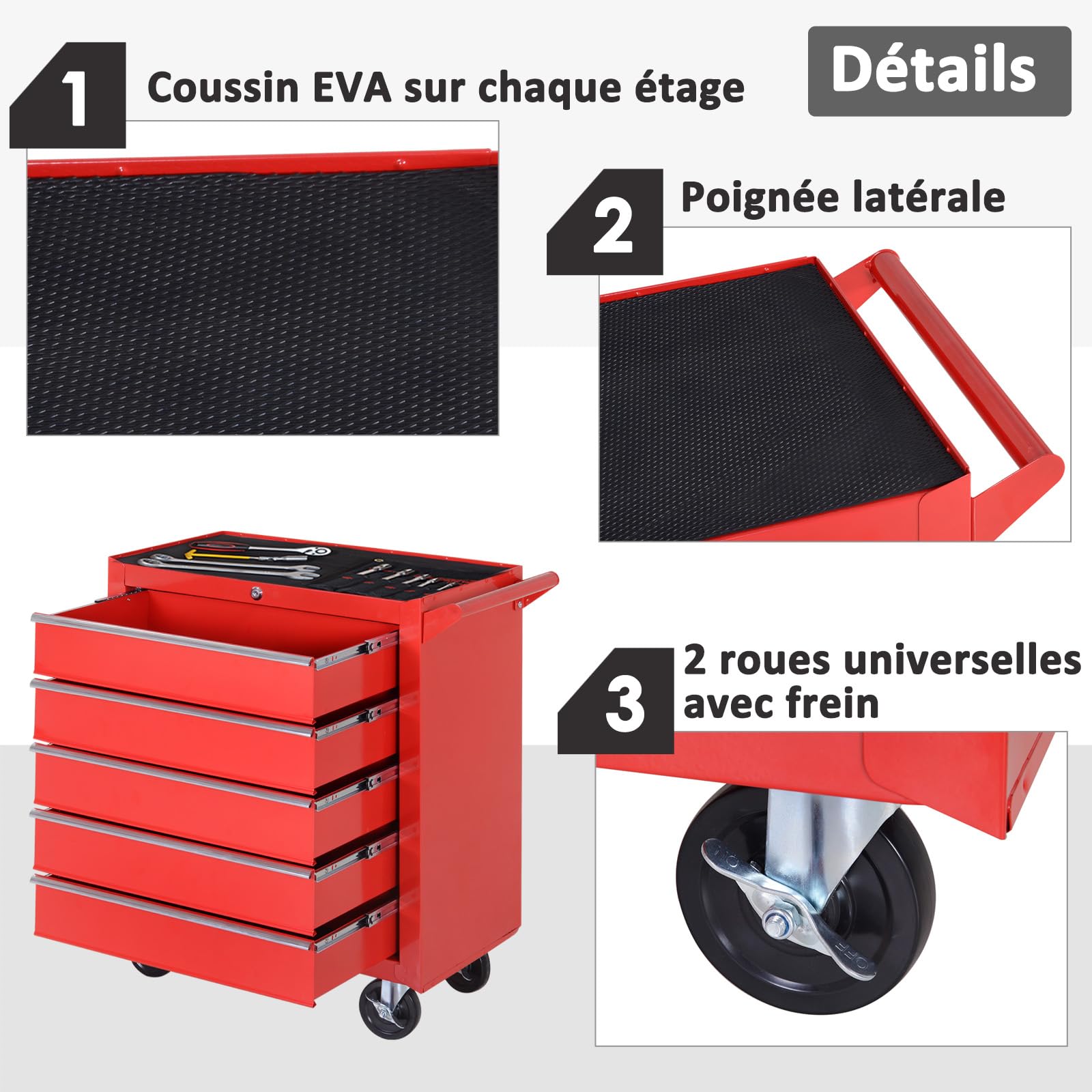 DURHAND Servante d'atelier en Acier, Chariot à Outils sur roulettes, Rouge | 5 Tiroirs, Résistante aux Rayures, Caisse à Outils pour Atelier, Verrouillable 2 Clés