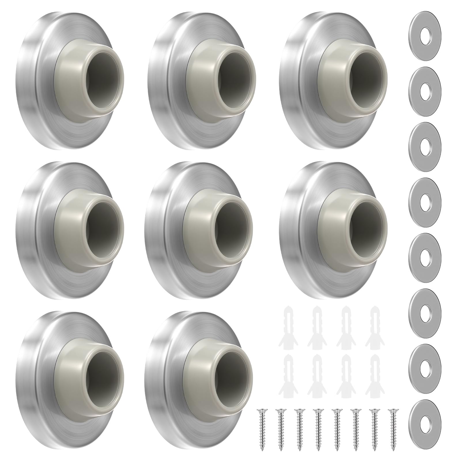 8 pcs Concave Door Stopper Bumper Door Stop Wall Mount Protector Stainless Steel Round Rubber Handle Stopper Knob Avoid Handle Damage Protect Wall (Silver)