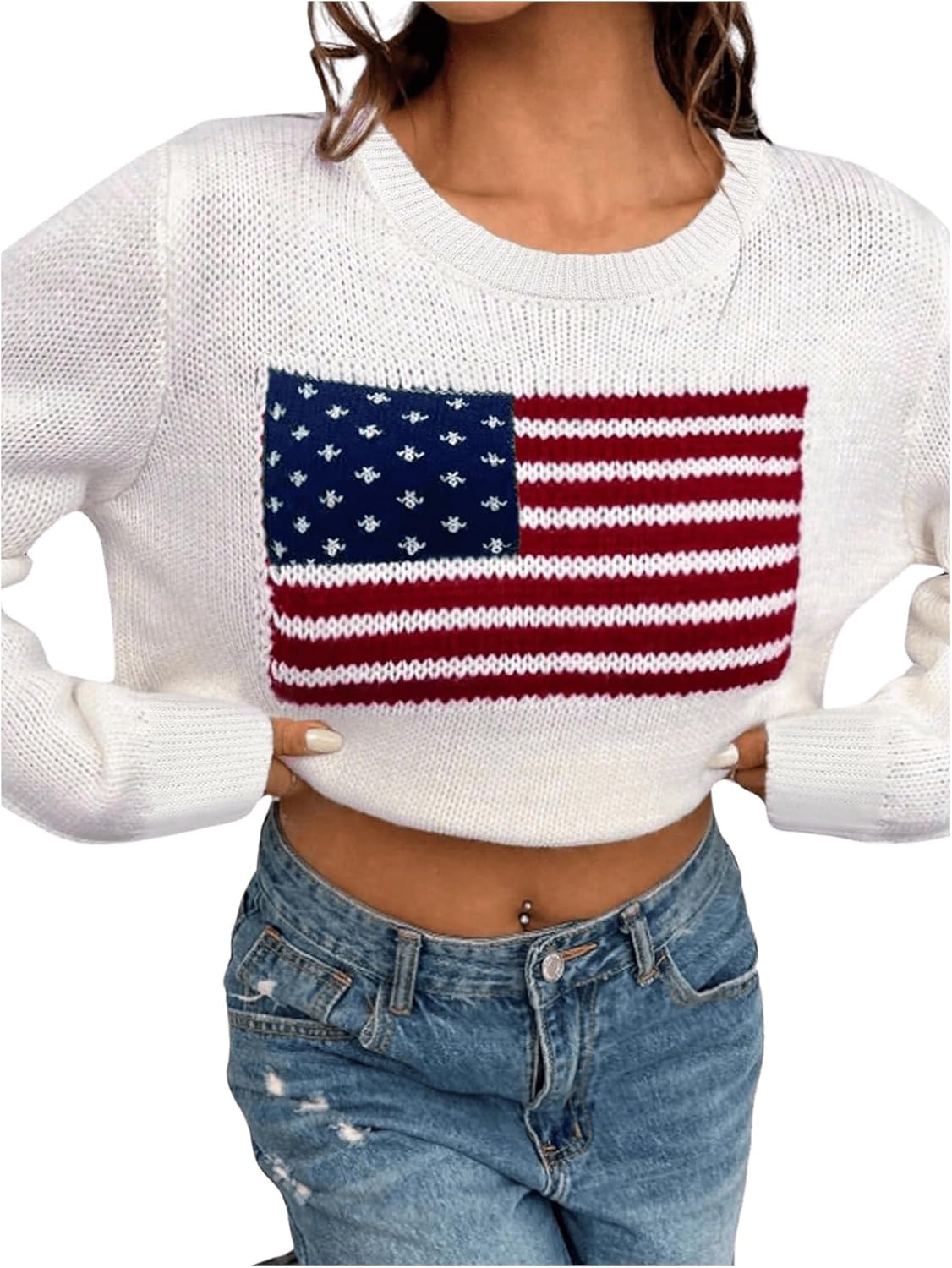 GORGLITTER Women's American Flag Fall Sweaters 2025 Oversized Long Sleeve Knit Graphic Pullover Top - Image 6
