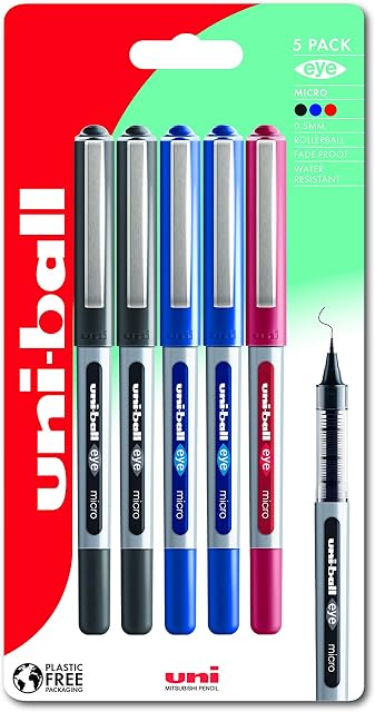 uni-ball UB-150 Eye Rollerball Pens. Premium Micro 0.5mm Ballpoint Tip for Super Smooth Handwriting, Drawing, Art, and Colouring. Fade and Water Resistant Liquid Uni Super Ink. Pack of 5 Assorted
