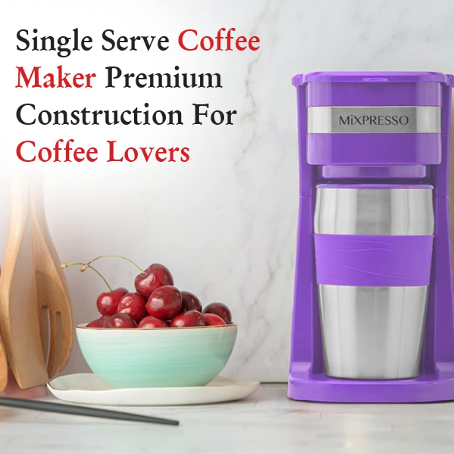 Ultimate 2-In-1 Single Cup Coffee Maker & 14oz Travel Mug Combo | Portable & Lightweight Personal Drip Coffee Brewer & Tumbler Advanced Auto Shut Off Function & Reusable Eco-Friendly Filter (Lavender)
