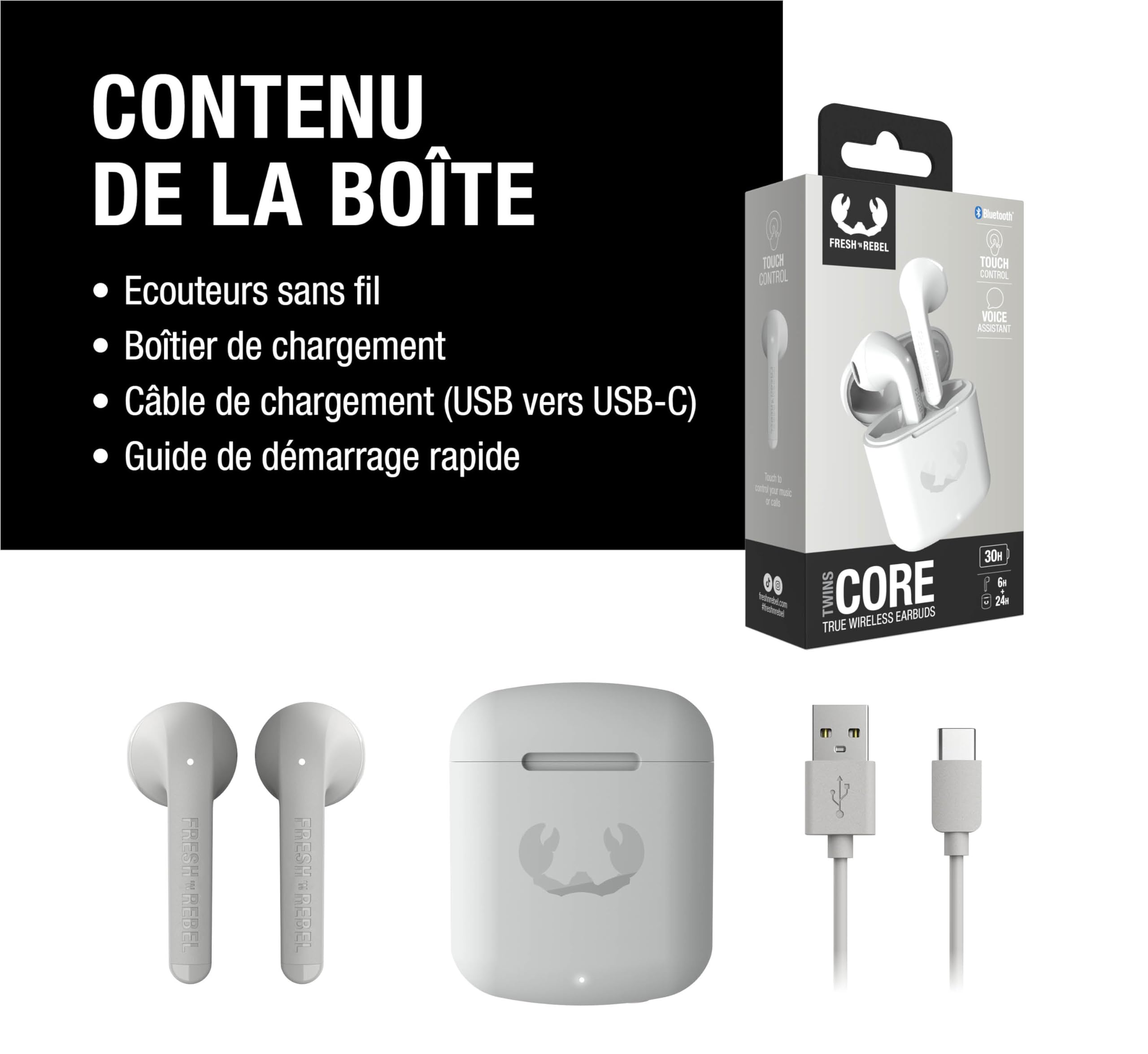 Fresh 'n Rebel Twins Core Écouteurs Intra-Auriculaires Bluetooth sans Fil avec Assistant Vocal, contrôle Tactile et Microphone intégré, 30 Heures D'Autonomie (Ice Grey)
