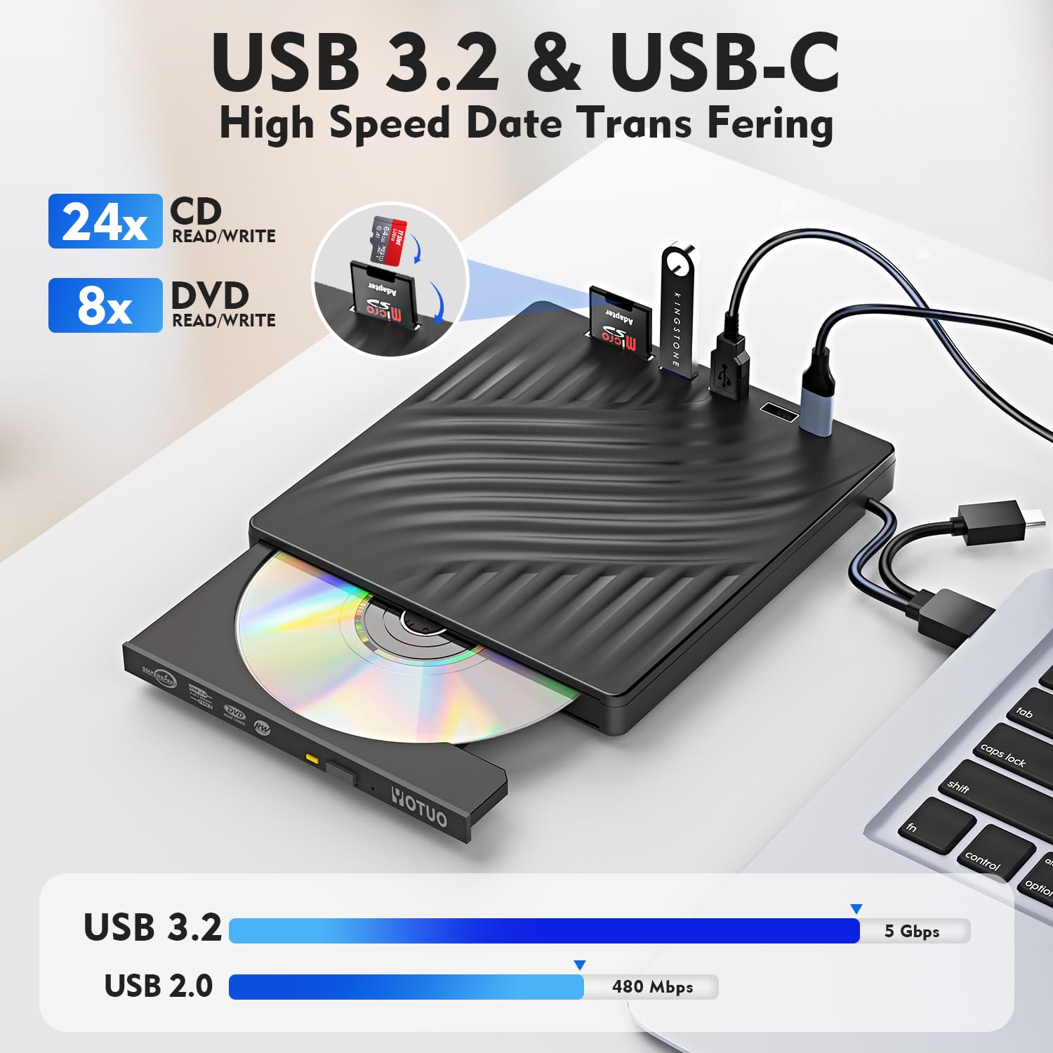 YOTUO Unidad externa multifunción de CD/DVD 3 en 1 Hub y lector de tarjetas SD, reproductor de DVD, interfaz dual USB-C/USB 3.2 portátil para laptop, escritorio, con Windows 7/8/10/11, Mac MacBook Pro
