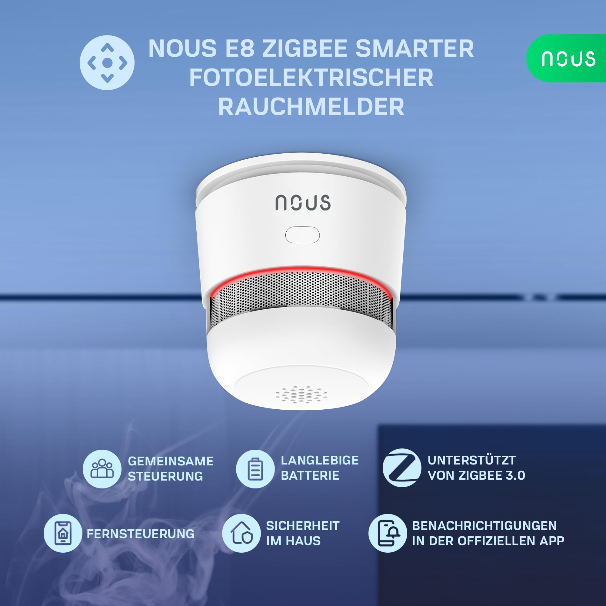 NOUS E8 Détecteur de Fumée Zigbee Intelligent, Capteur Photoélectrique avec Alarme 85dB, Batterie 3 Ans, Contrôle Via Application, Compatible Alexa, Google Assistant, pour Maison Et Bureau