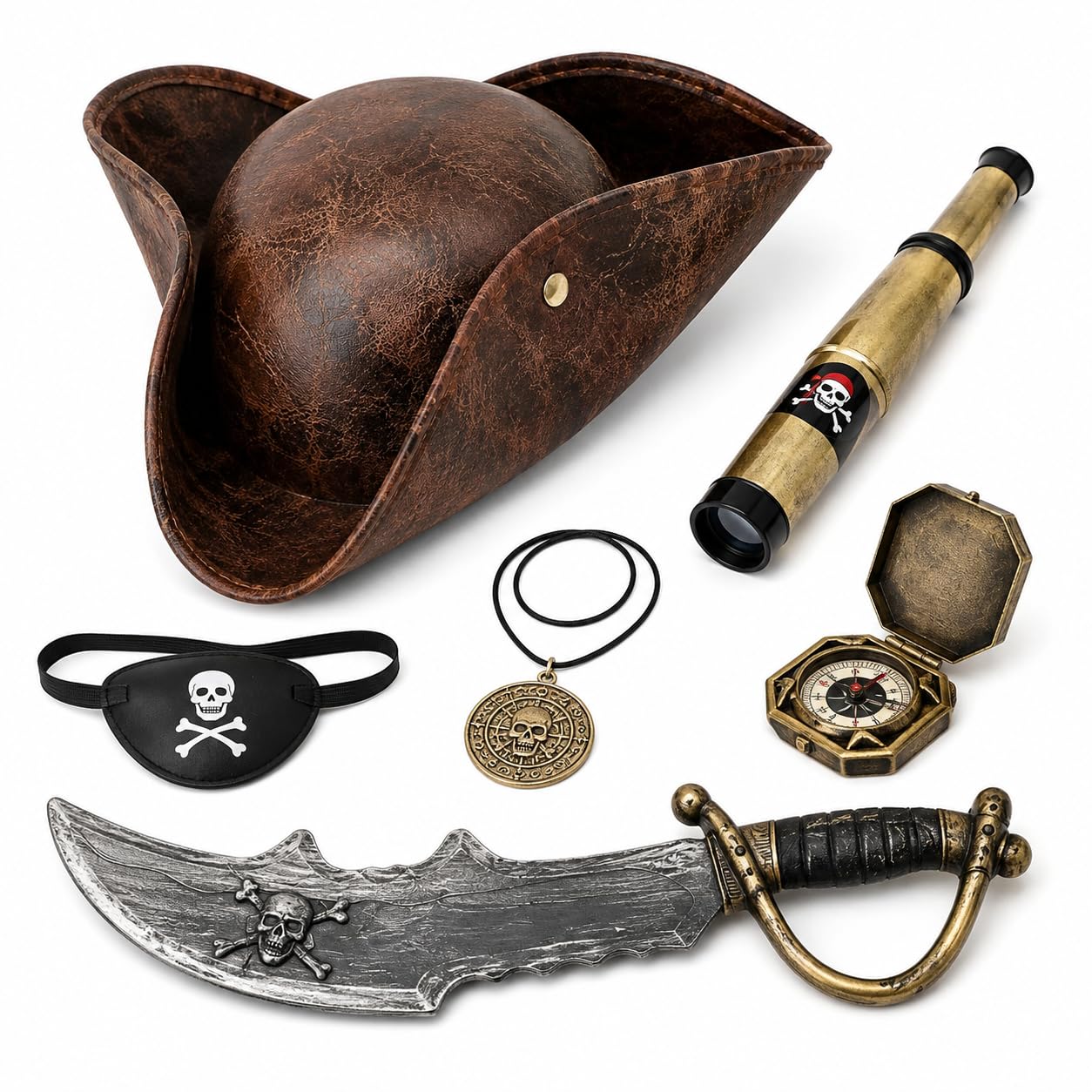 6Pcs Pirate Costume Accessories Set, Brown Pirate Hat with Accessories Set