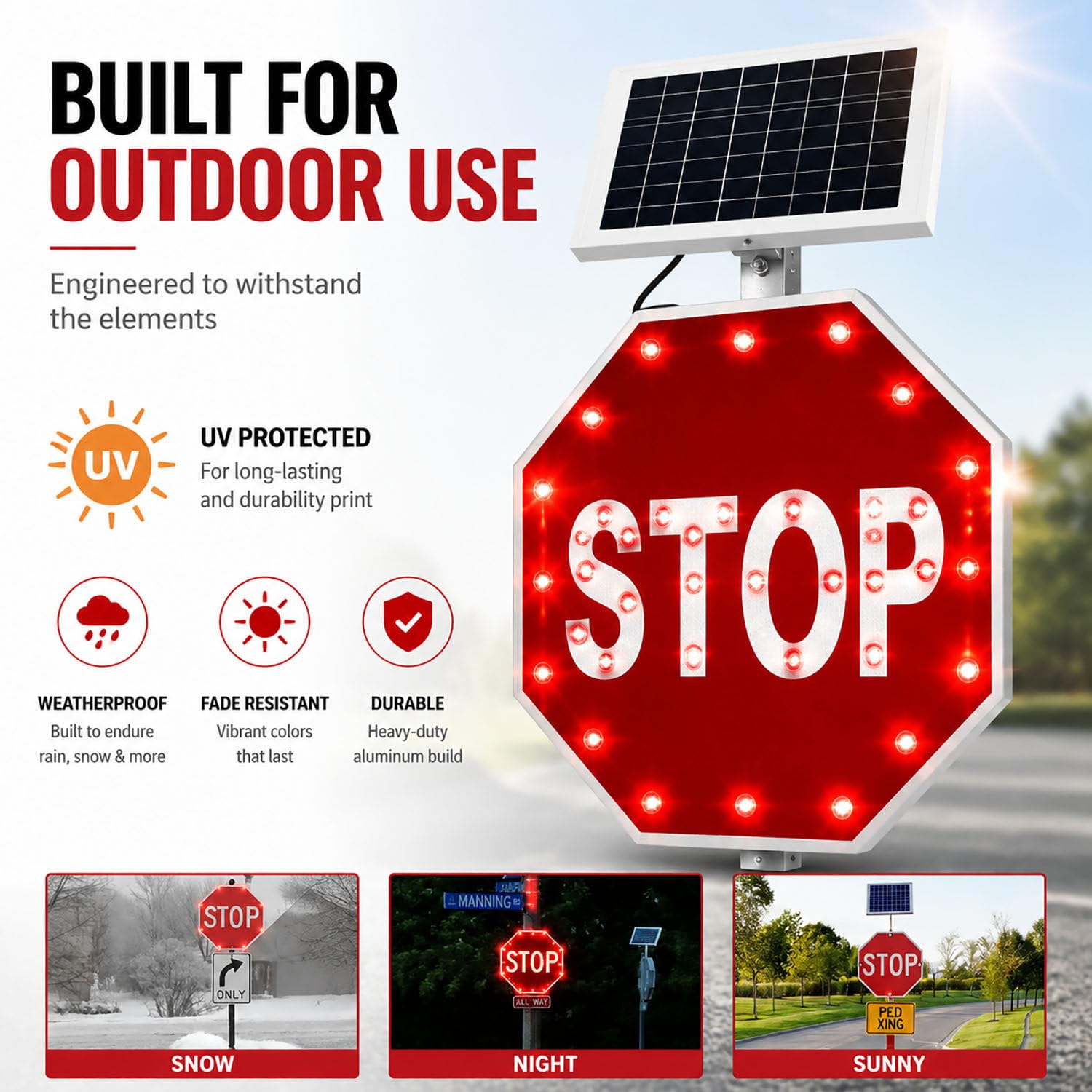 Señal de Stop LED Solar Impermeable,señal de tráfico Intermitente Duradera 24in | Señalización vial solar IP65, protección contra agua, nieve y radiación UV, larga vida útil en exteriores