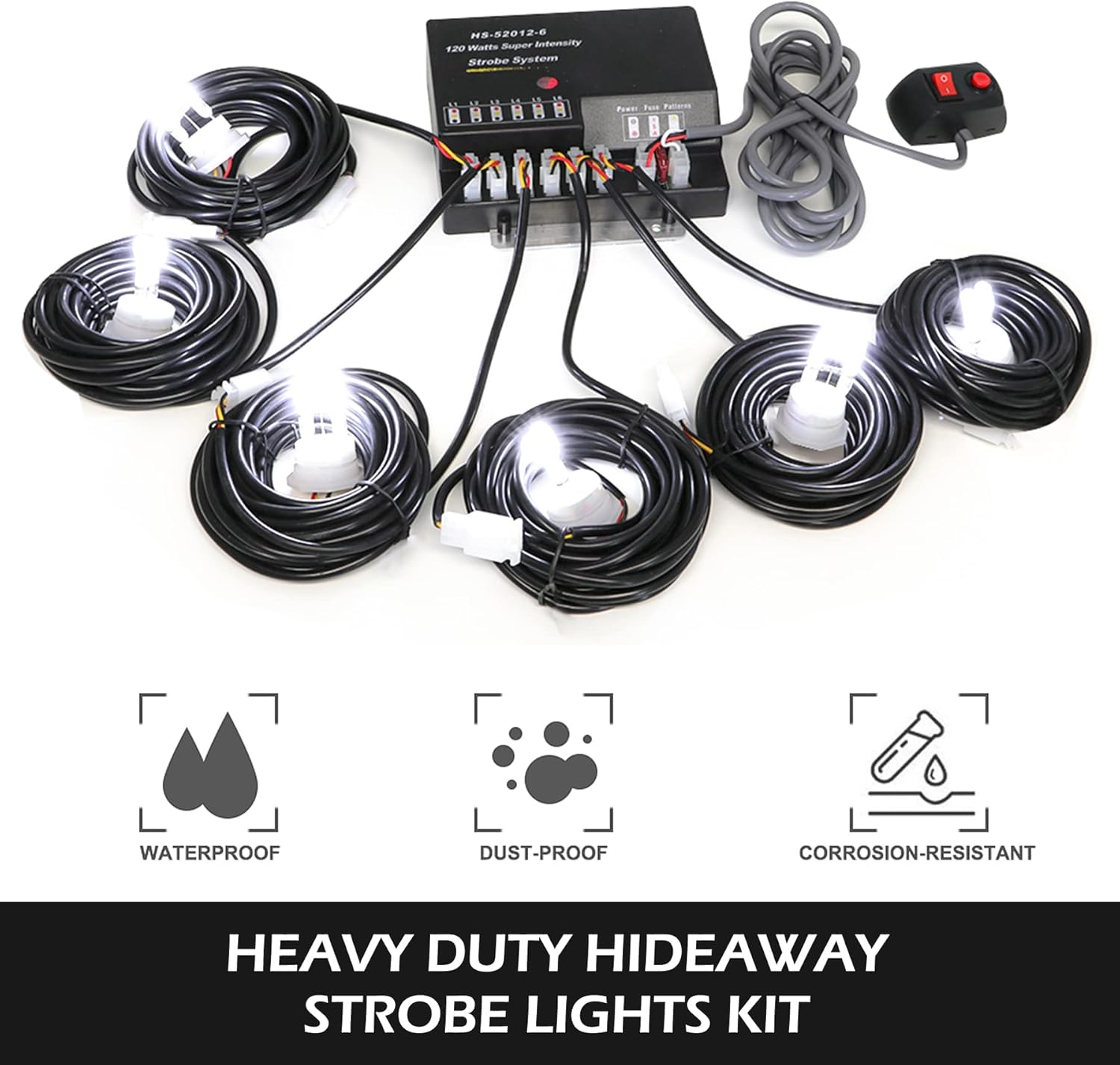 Hideaway Strobe Lights Kit 6 HID Bulbs 13 Flashing Mode Memory Recall Function, 16 Feet Power Cord with Controller, Emergency Strobe Lights for Trucks Vehicles, White