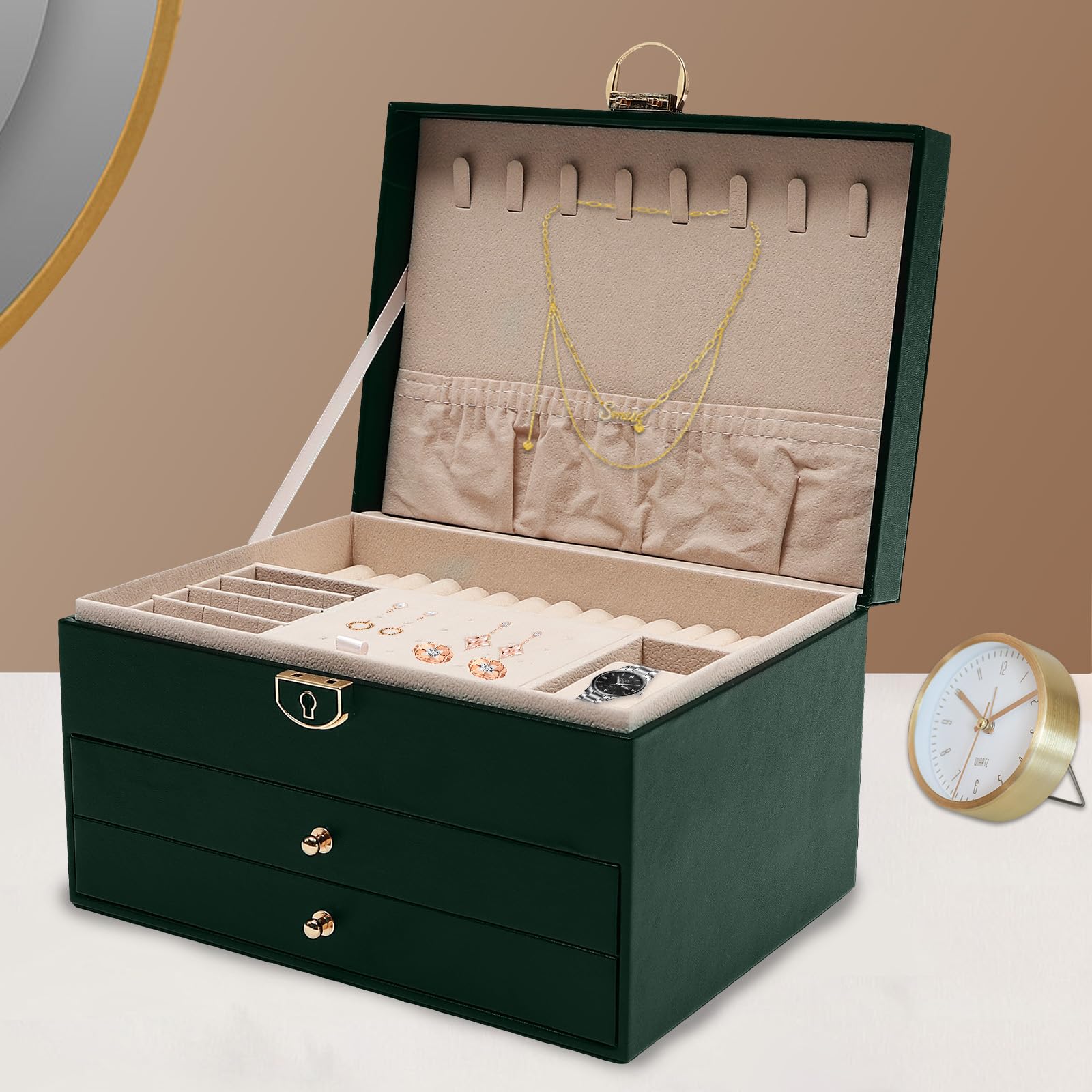 CHUOZI Watch Box 3 Layers PU Jewelry Large Storage Case Organizer with 2-Drawers (Black)