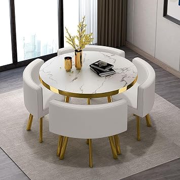 Round Dining Table for 4 with Chairs Set for Kitchen, Reception Room, Office Table and Chair Set, Negotiation Table Sales Office Shops Meetings Small Round TablesWhite