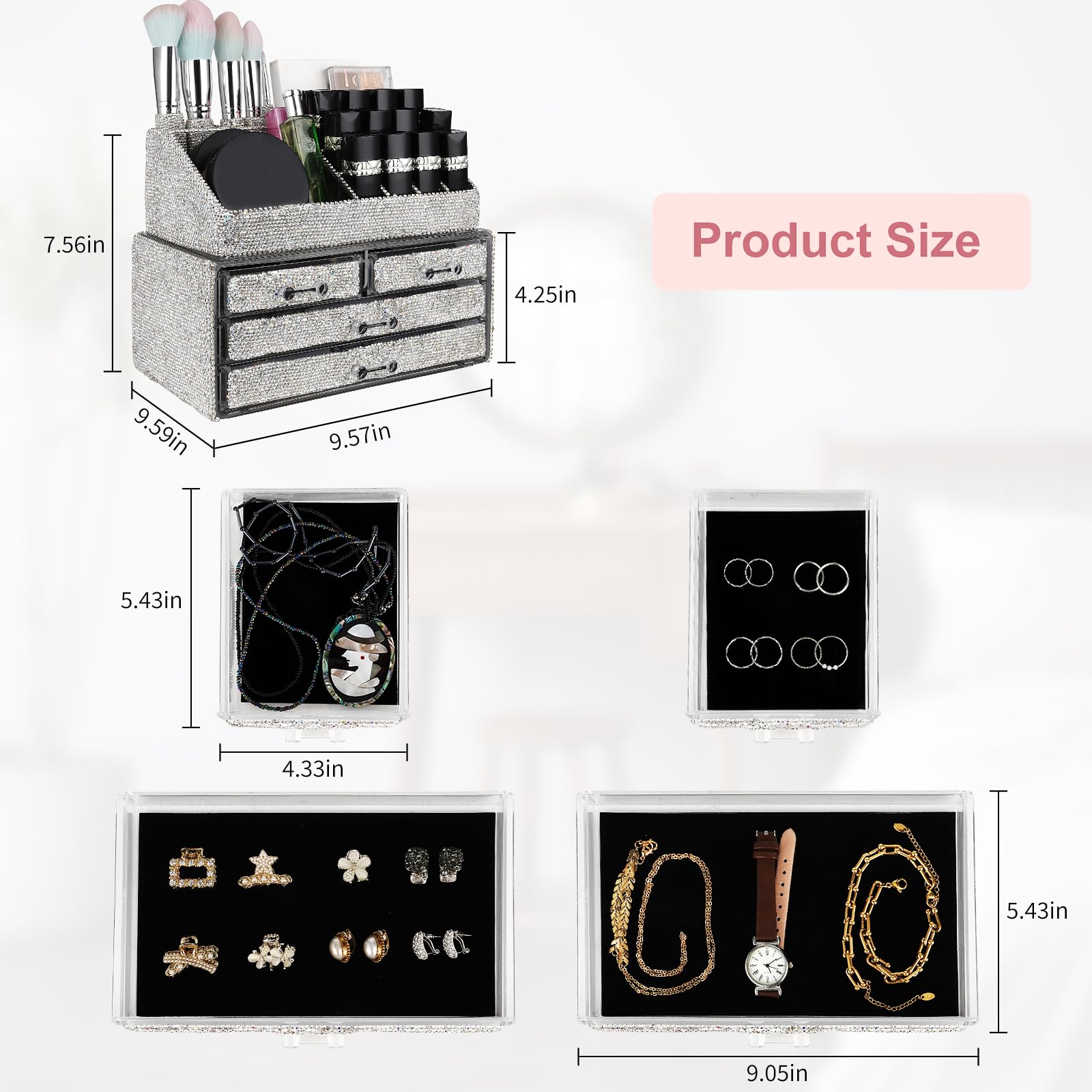 KEYPOWER Handmade Bling Makeup and Jewelry Organizer, 2-Piece White Set