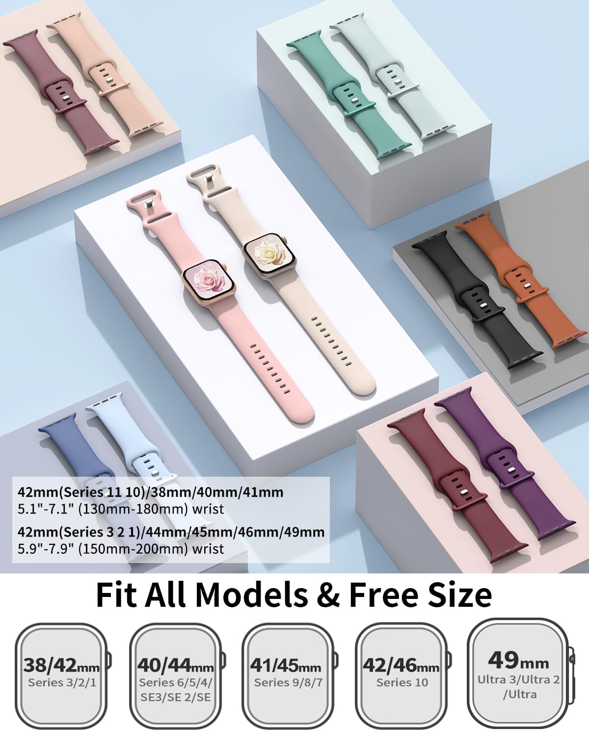 6 Pack Sport Bands Compatible with Apple Watch Bands 38mm 40mm 41mm 42mm 44mm 45mm 46mm 49mm for Women Men, Soft Wristband Silicone Sport Strap for iWatch Bands Series 11 10 9 8 7 6 5 4 3 2 1 Ultra SE - Image 3