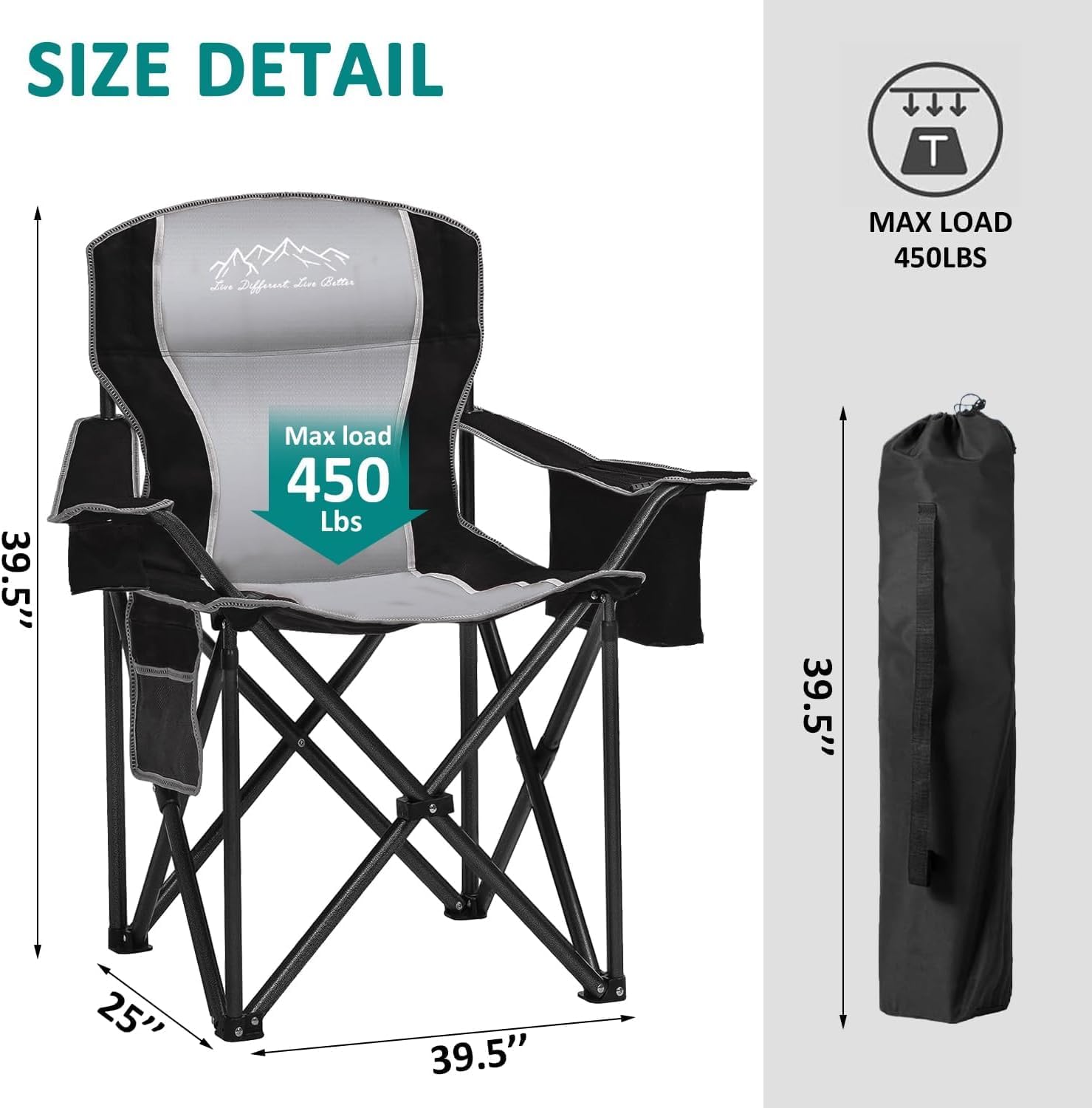 Camping Chair Heavy Duty High Back Folding Chair with Cup Holder, 450lbs Capacity, Padded Seat, Cooler Bag & Storage Pocket, Portable for Outdoor, Beach, Fishing, Sports, Black - Image 3