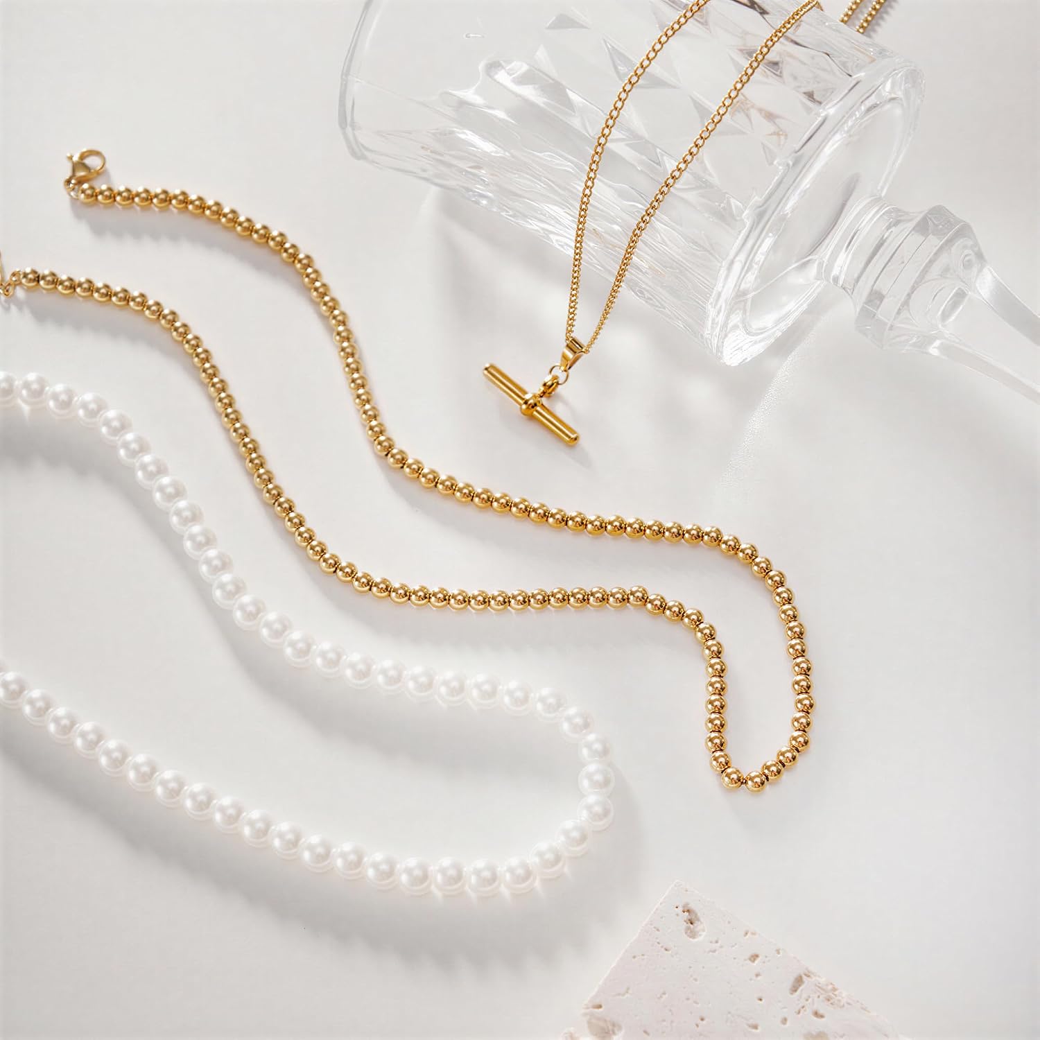 3 Pcs Layered Necklaces for Women, 14K Gold Plated Toggle Clasp Pendant, Faux Pearl Choker & Gold Beaded Chain Dainty Jewelry