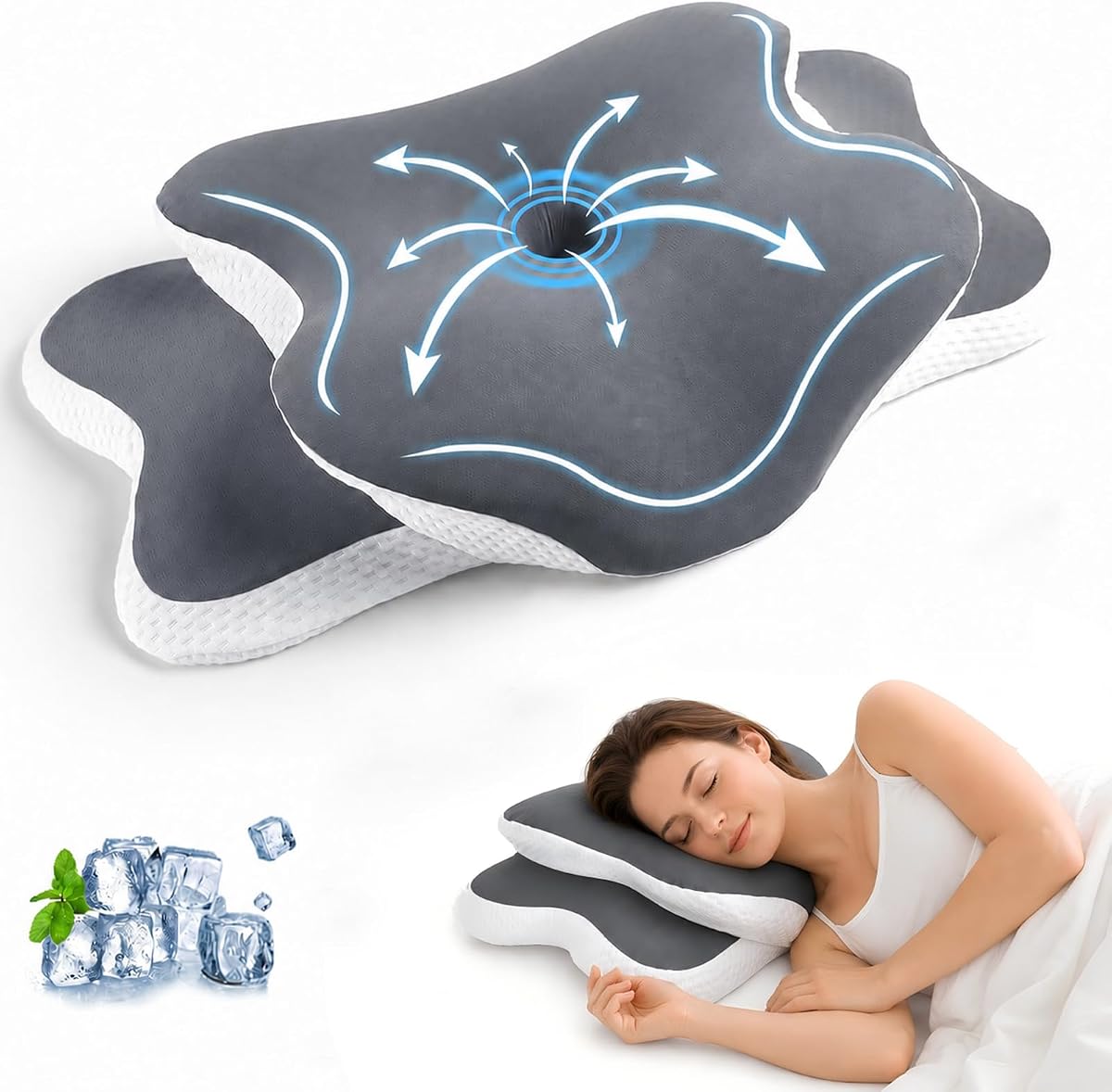 Ergonomic Cervical Pillow for Neck Pain Relief, Gray 62*35*13cm | Dual-Height Contour, Neck Shoulder Support, Medium Memory Foam, Cooling Pillowcase, for Side Back Stomach Sleepers