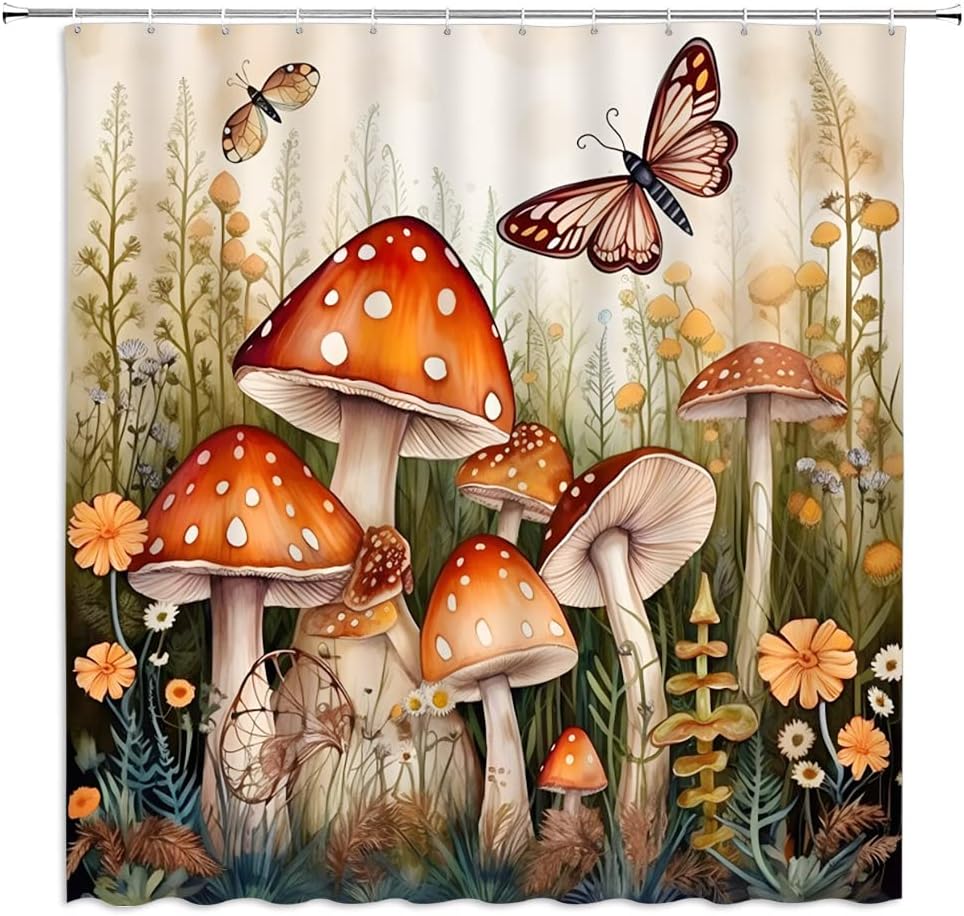 Red Mushroom Shower Curtain Magical Floral Sage Butterfly Nature Botanical Leaf Fabric Bathroom Decor Curtains with Hooks,70 x 80