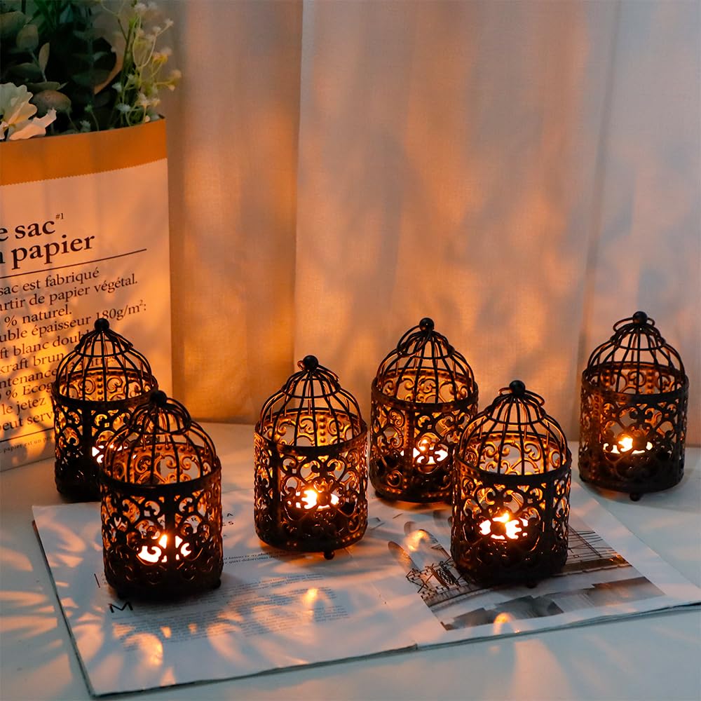 JHY DESIGN 6 Stück 14 cm Hohe Kleine Kerzenständer aus Metall zum Aufhängen Vogelkäfig Teelicht-Laterne Hohle Kerzenhalter für Tisch Valentinstag Terrasse Innen- und Außenbereich Geschenke (Schwarz)
