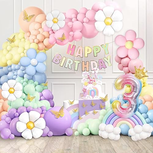 Juego de 219 guirnaldas de globos pastel de margaritas, arco de globos arcoíris pastel de 18, 10, 5 pulgadas, decoraciones de tercer cumpleaños para