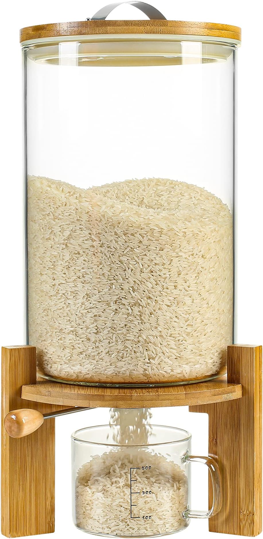 Rice Dispenser, Rice Storage Container：Flour and Cereal Container with Airtight Lid and Wooden Stand, Glass Food Storge Container for Kitchen Organization and Pantry Store (8L)