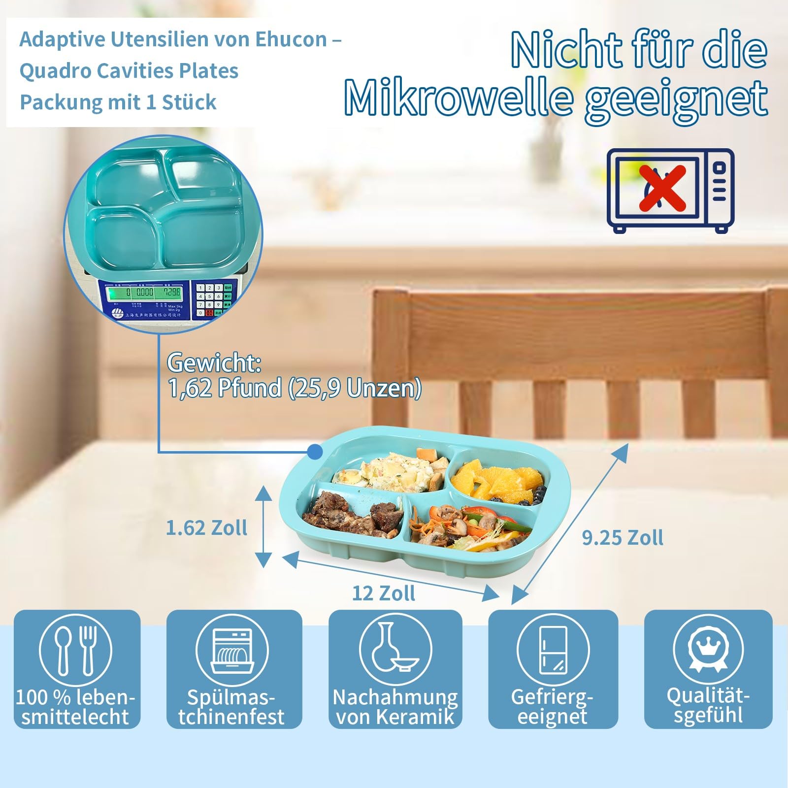 Plato de melamina antideslizante adaptativo con pared extra, cuenco de melamina a prueba de fugas para personas mayores, discapacitados/temblor de manos para autoalimentación (plato con 4