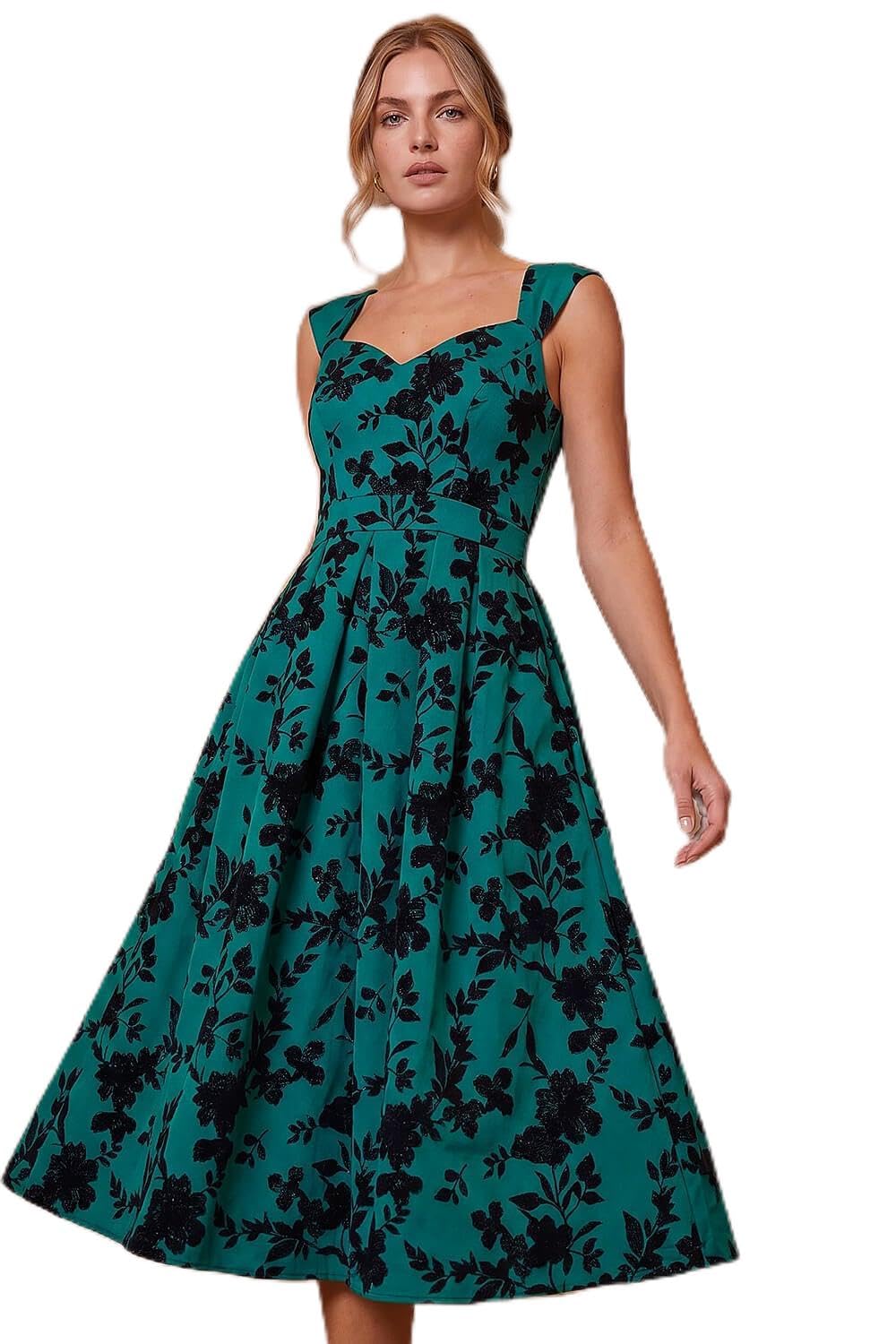 Roman Glitter Floral Flocked Premium Stretch Dress - Teal