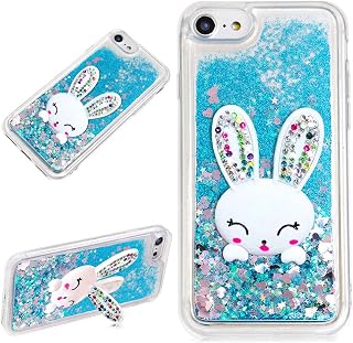 LCHDA para Samsung Galaxy S9 Funda Líquido Brillo con Soporte Lindo de Orejas de Conejo 3D Brillante Diamante Arenas Movedizas Flotantes Delgado Cristal Silicona Parachoques Carcasa - Azul