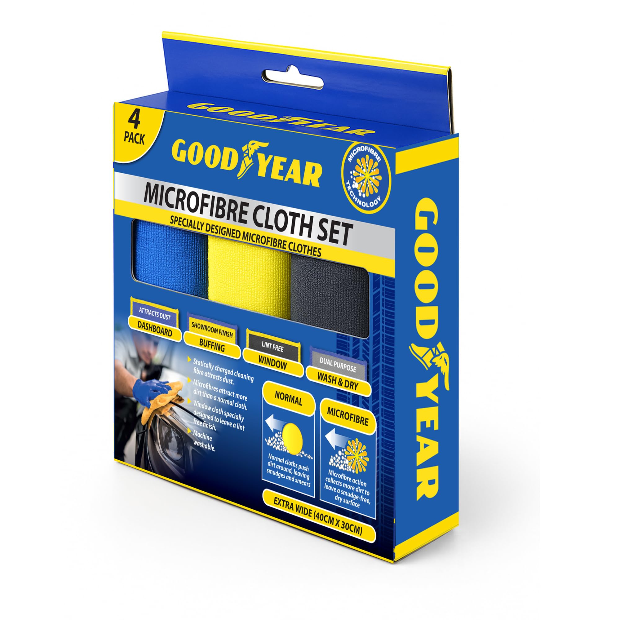 Goodyear 4PC Microfibre Cloth Set- microfibre cloths for cleaning your vehicle | Cleaning fibres attract dust | Showroom finish | Machine washable | Dashboard, Buffing, Window cloth | Wash and drying