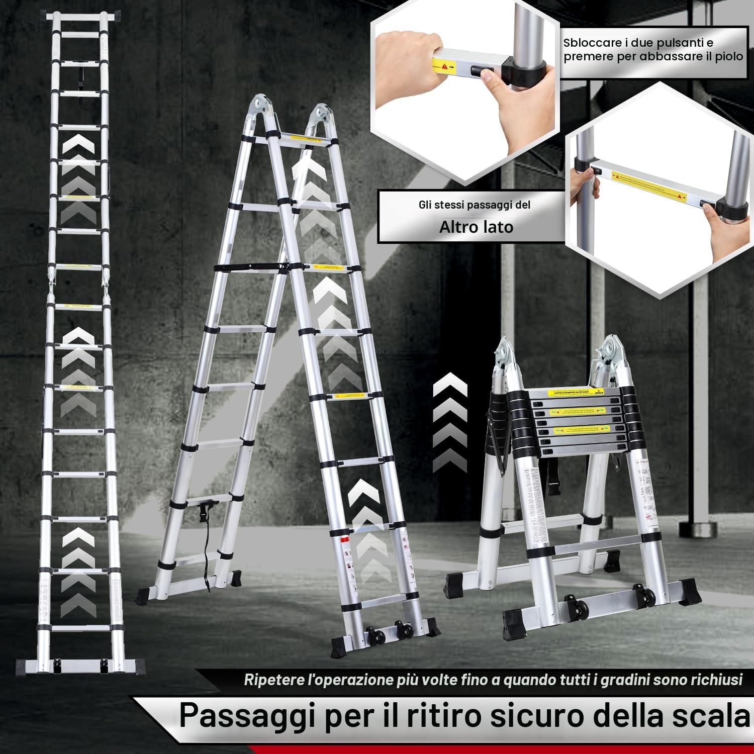 Scala telescopica pieghevole in alluminio, 5 m, allungabile, in alluminio, antiscivolo, portata 150 kg Silver