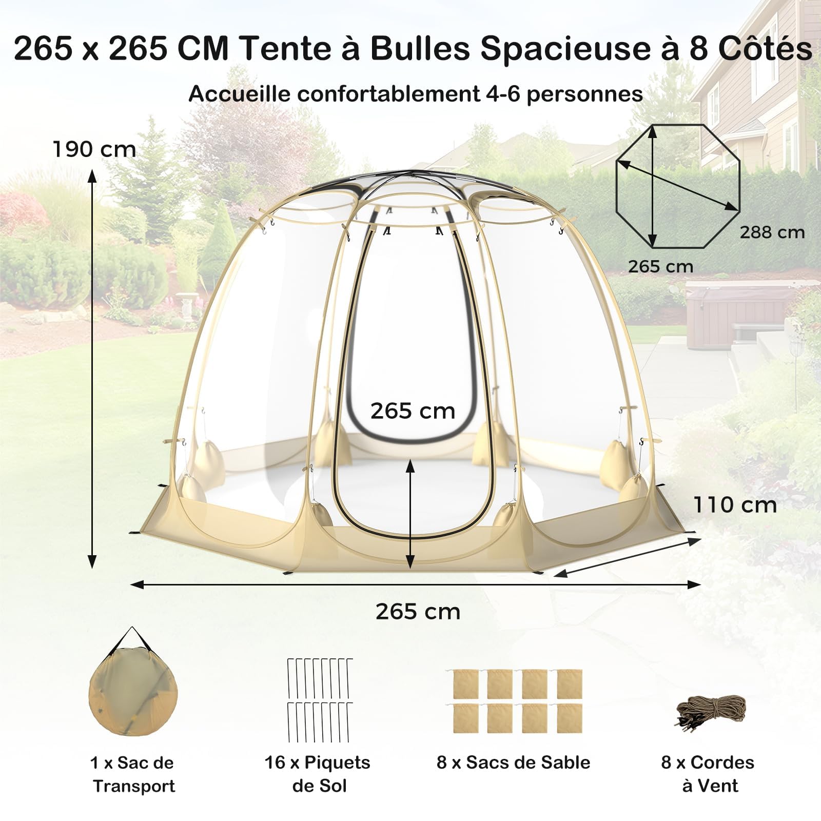 GYMAX Tente Bulle Transparente 5-6 Personnes, Abri à Dôme Extérieur Résistante au Vent pour Activités de Plein Air, Tente Pop-Up de Camping Imperméable en PVC, avec Sac de Transport