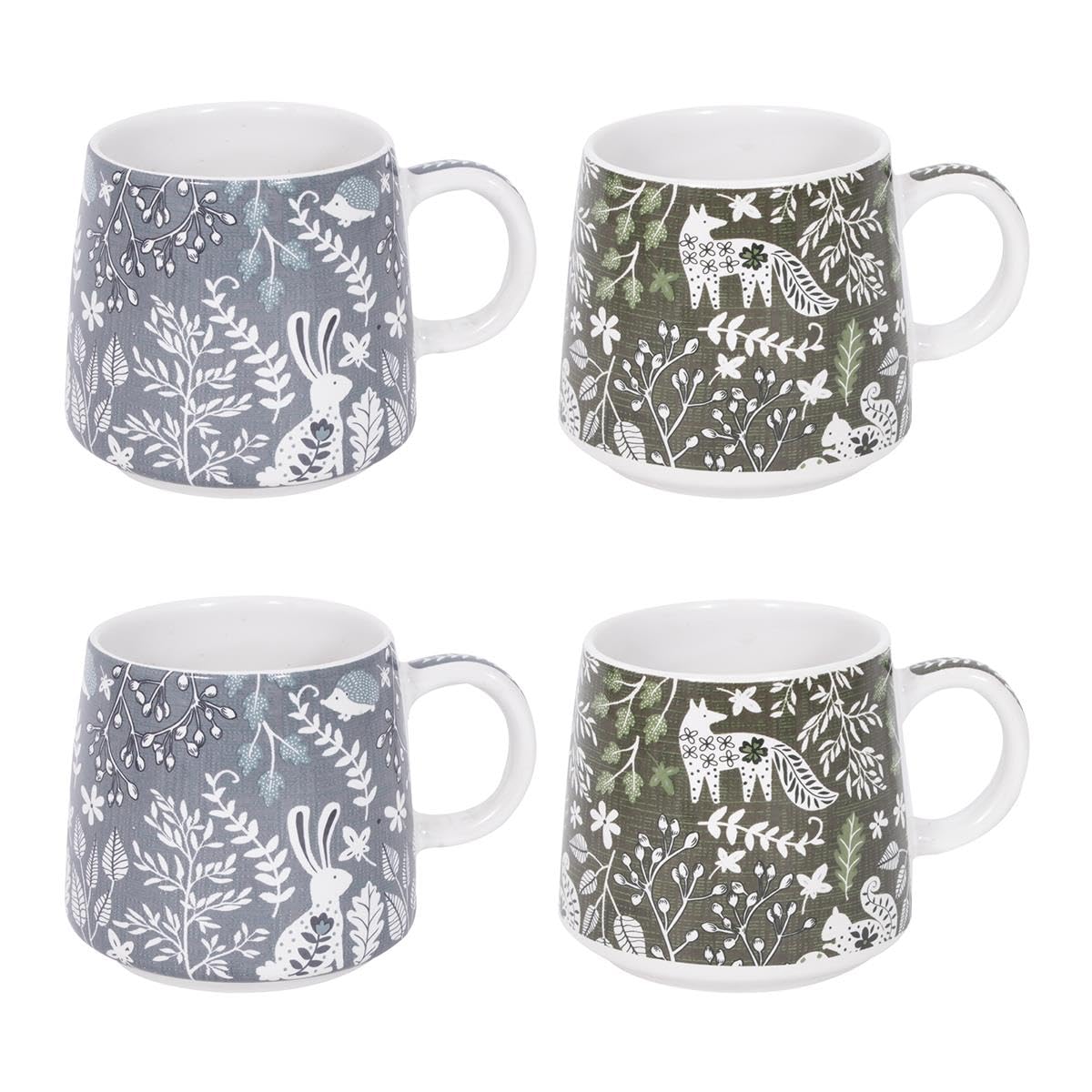 Set of 4 Woodland Stoneware Coffee Mugs Afternoon Tea Cups Home Kitchen Mug Set Floral Blue Green Forest