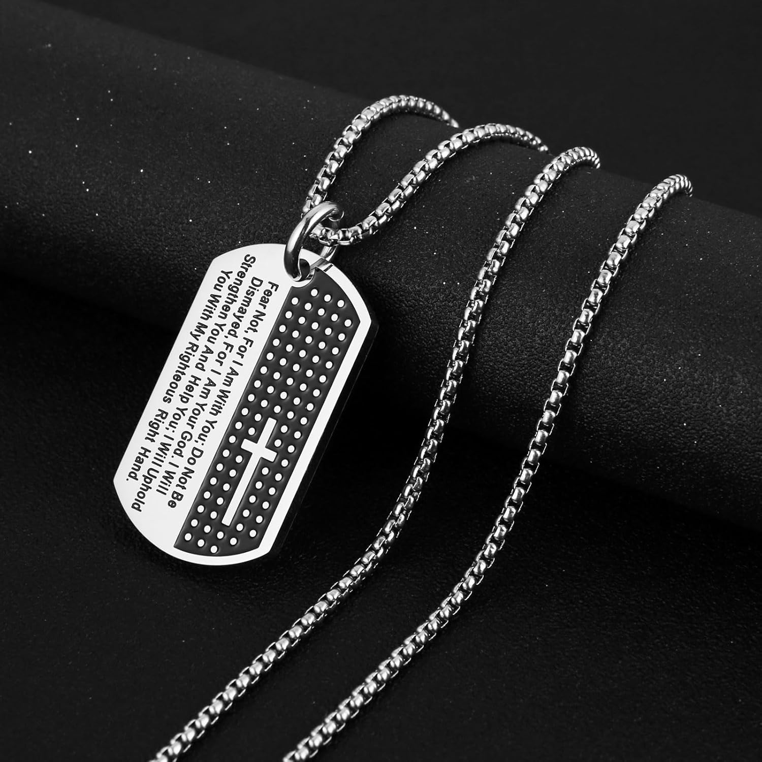 HZMAN Isaiah 41:10 Jewelry, Stainless Steel Cross Dog Tag Necklace Strength Bible Verse (Tag Silver) - Image 4