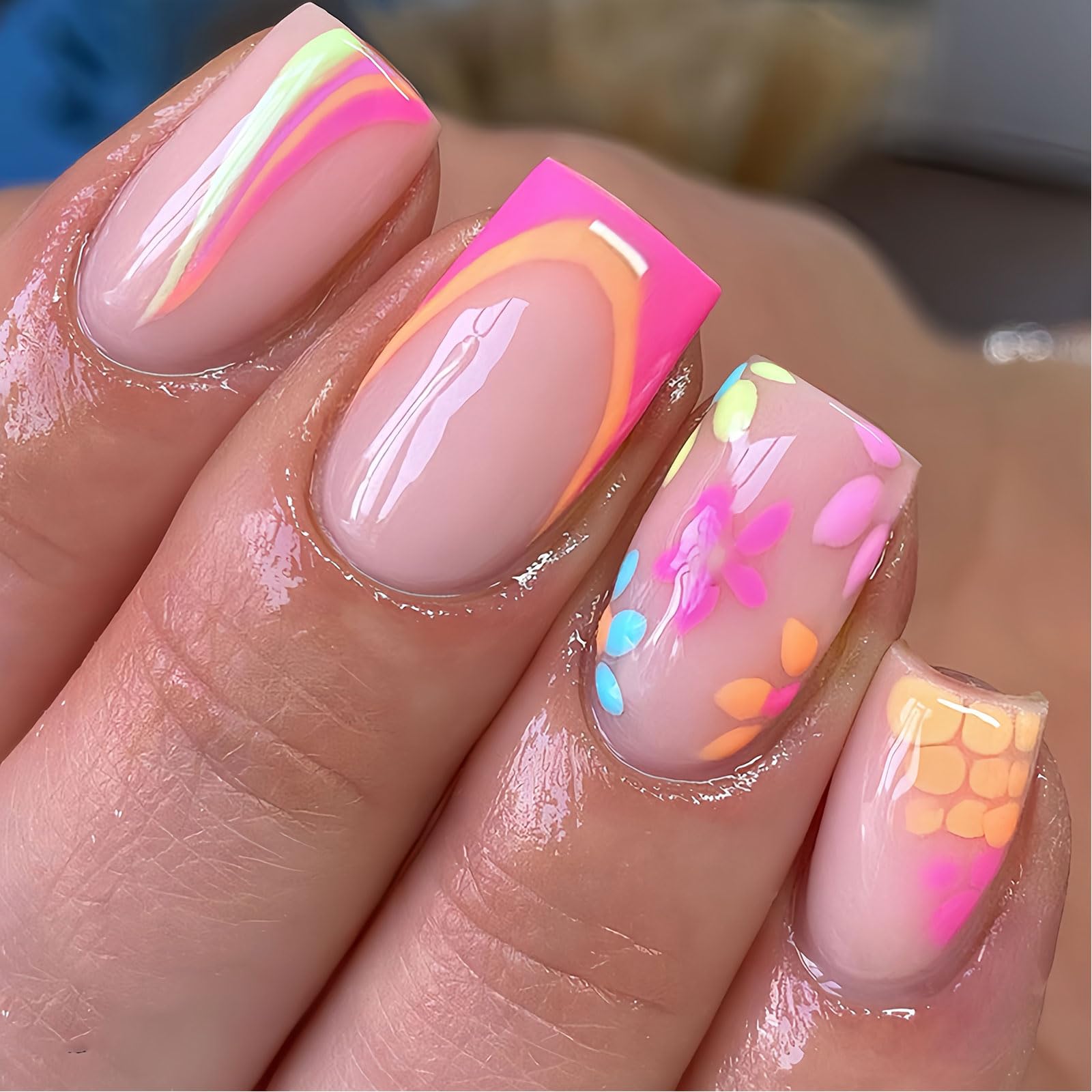 Spring Press on Nails Short Square Fake Nails Colorful Floral Ripple Designs Glue on Nails Acrylic Nail Kit with Nail Art Tools, 24Pcs Glossy Stick on