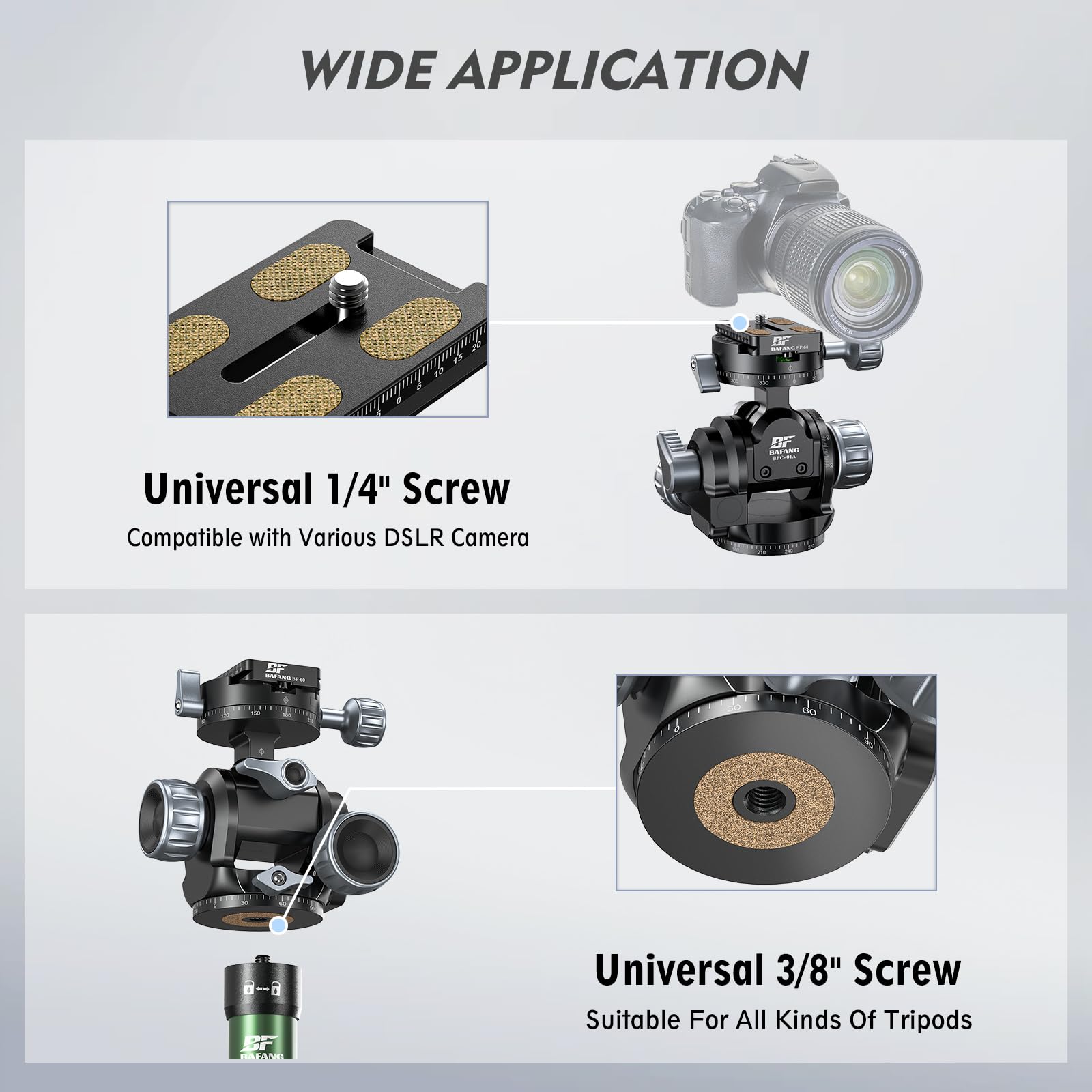 Getriebeneiger Stativkopf, Professioneller Stativkopf mit Quick Release Plate & Bubble Level, Fine-Tune-Neigung, 360º Dual Panorama, Heavy-Duty für Stative, Monopods, Kamera-Schieber