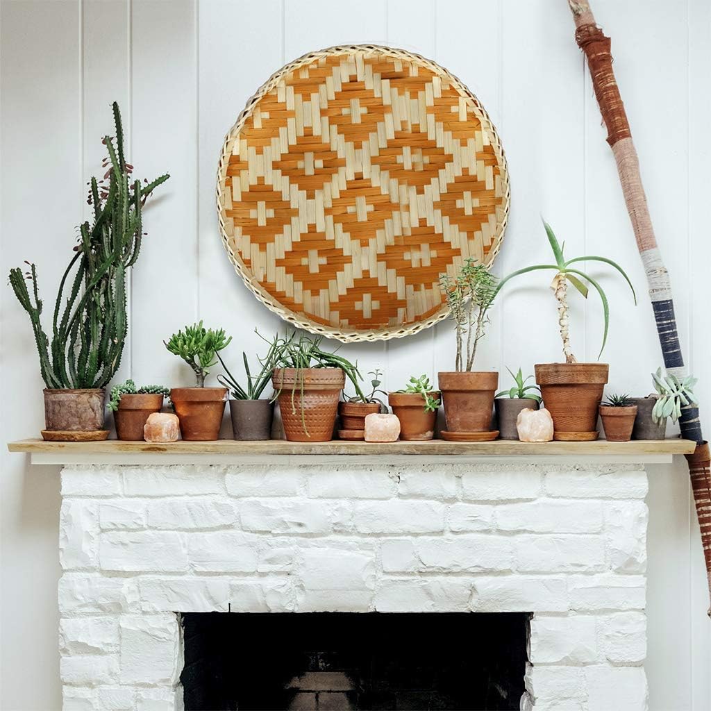 Bamboo Woven Round Basket Tray Rustic Wood Decorative Serving Tray for Breakfast, Drinks, Snack, Coffee Table | Chic Rustic Boho Decor Wall Hanging Home Decoration (Round - Orange)
