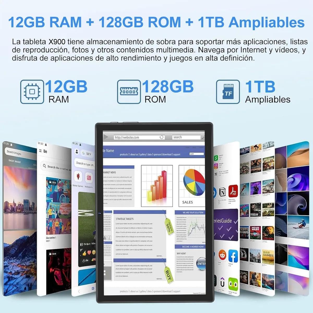 Tablet 10 pulgadas android, 128 GB+512GB TF, Octa-Core 2.0 GHz, GMS - Azul