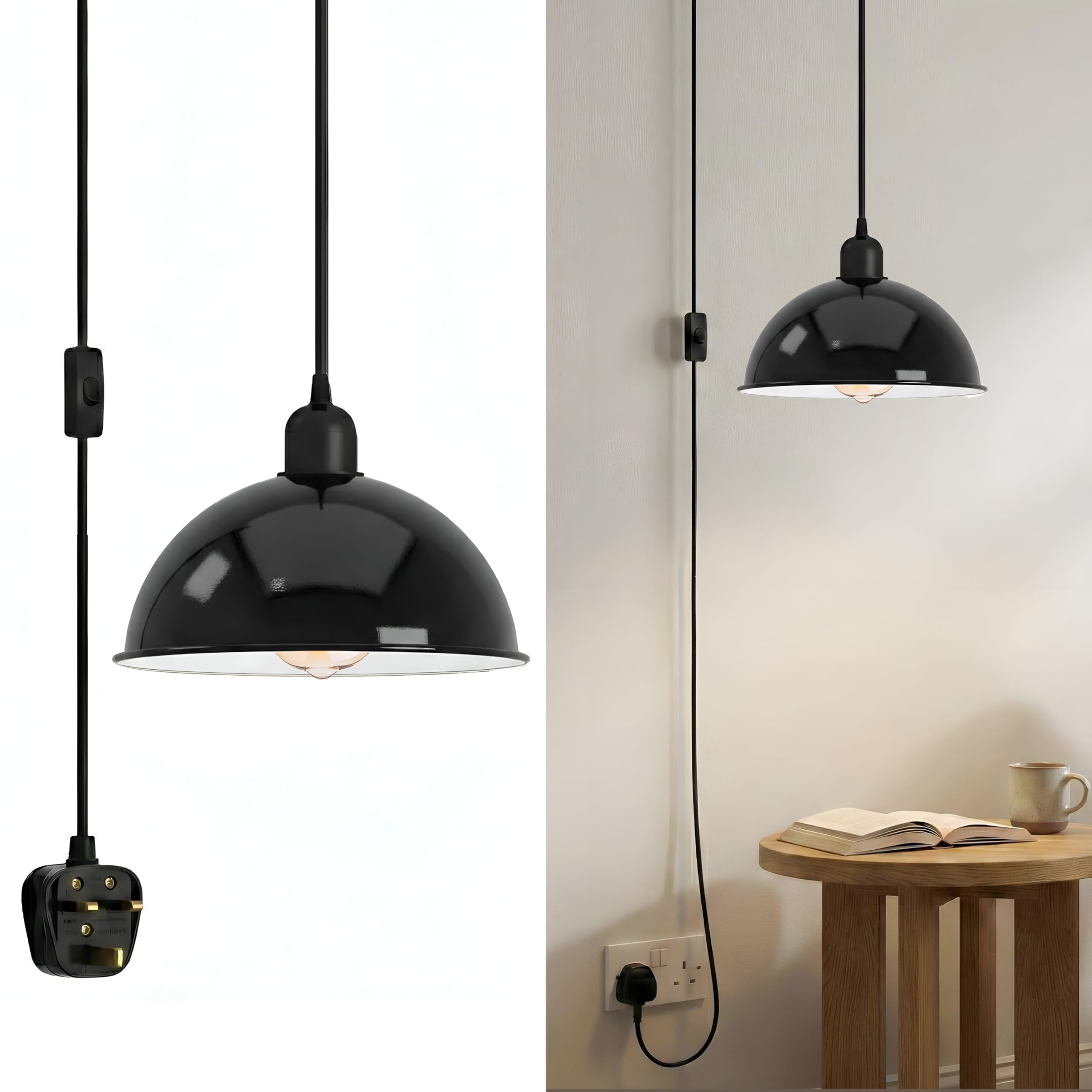 Plug in Pendant Lighting, 4.5M Adjustable Vintage Plug in Ceiling Light, Metal Lampshade Hanging Lamp with Switch, E27 Black Pendant Light Fitting, E26 Bulb Holder for for Kitchen (Black Inner White)