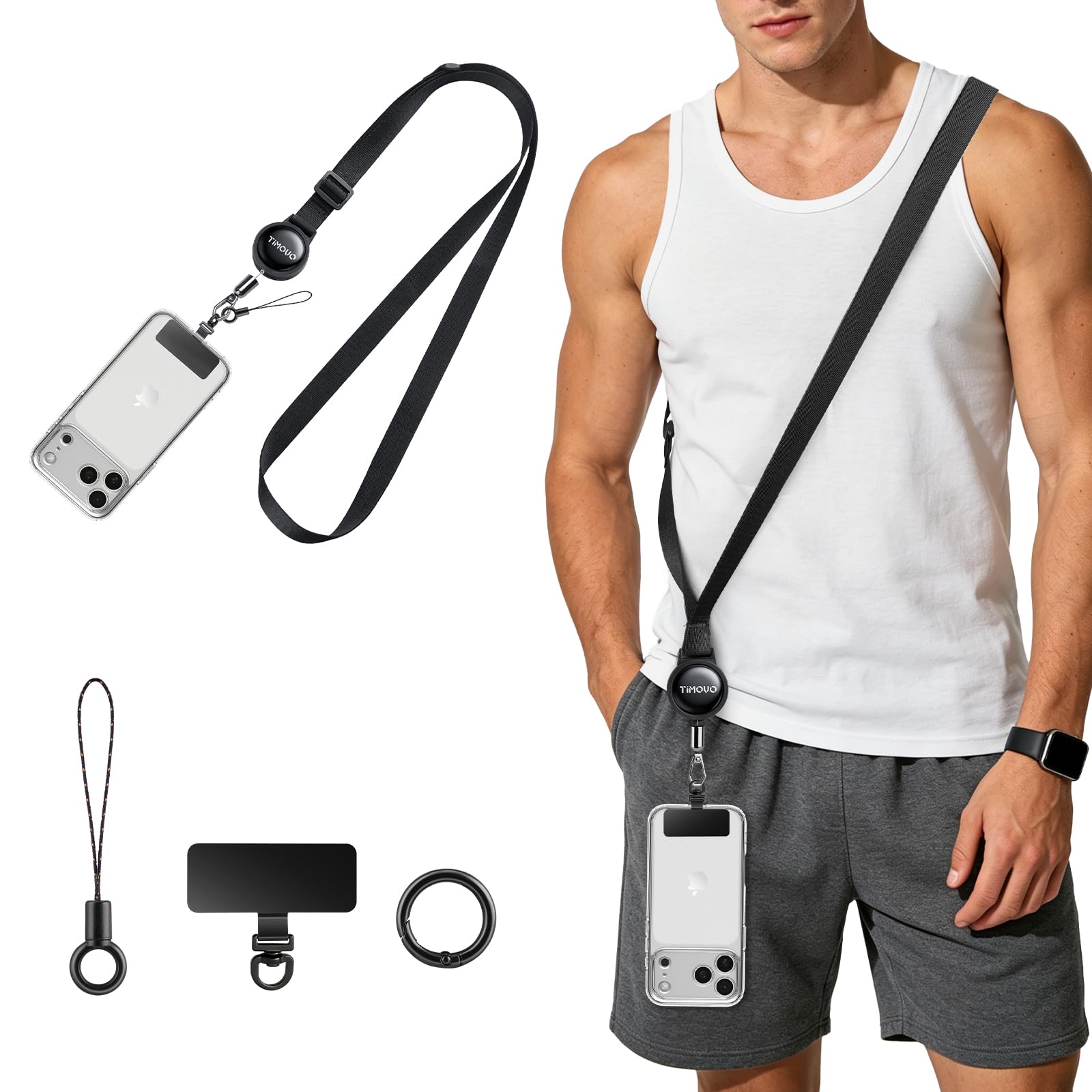 TiMOVO Anti-Theft Retractable Phone Lanyard Breakaway, Black | Breakaway Adjustable Phone Strap with Tether Tab, Quick Release Lanyard for Hiking Skiing Fishing Outdoor