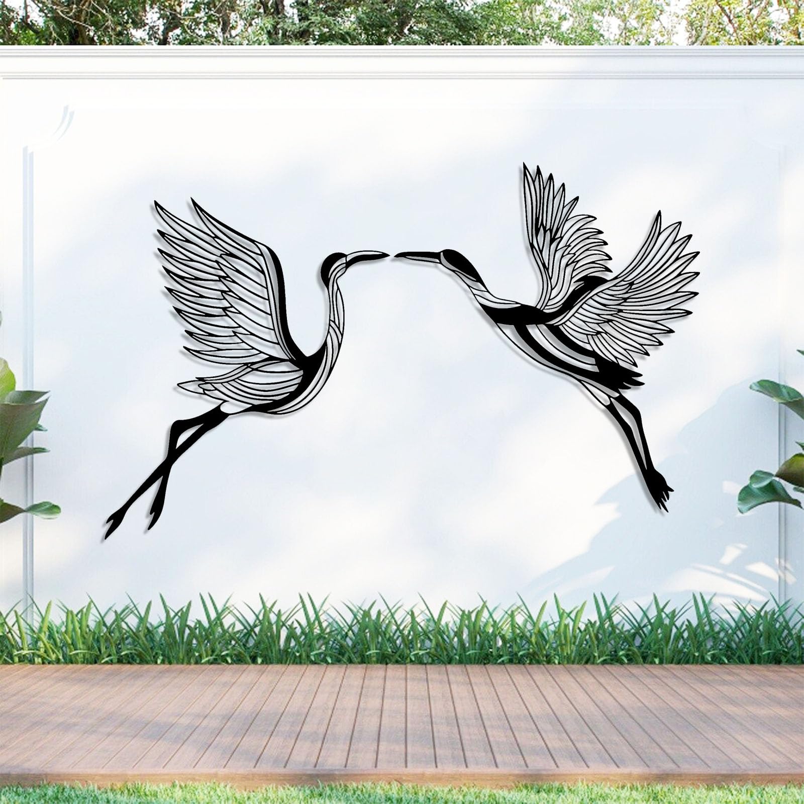 Conjunto de 2 grullas decorativas de pared de metal abstracto contemporáneo, arte, decoración artística, letrero de pájaros volando, bandada, hogar interior y exterior (76 x 122 cm, plateado)