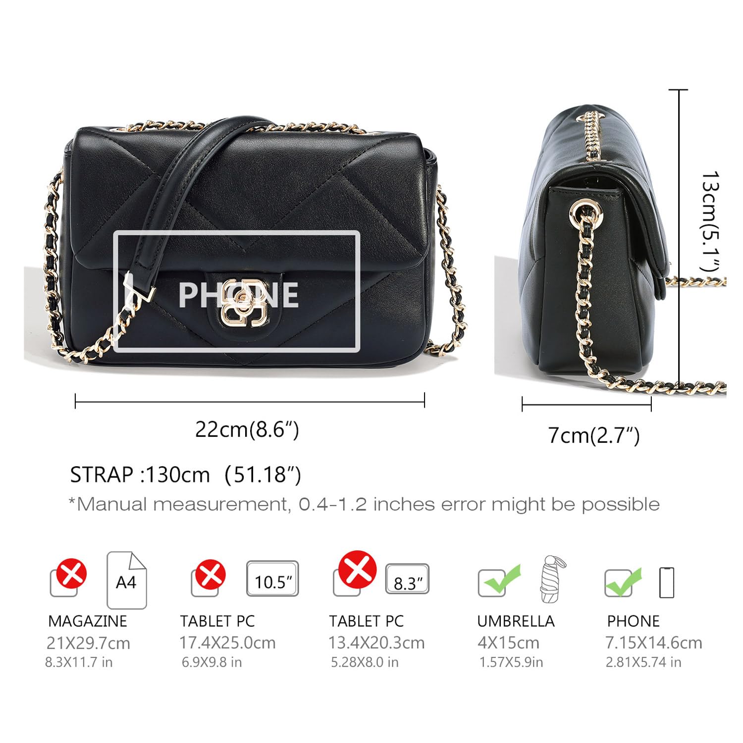 David Jones – Bolso bandolera para mujer – Mano-hombro de piel sintética acolchada – Bolsa con solapa – Para fiesta – Teléfono elegante a la moda