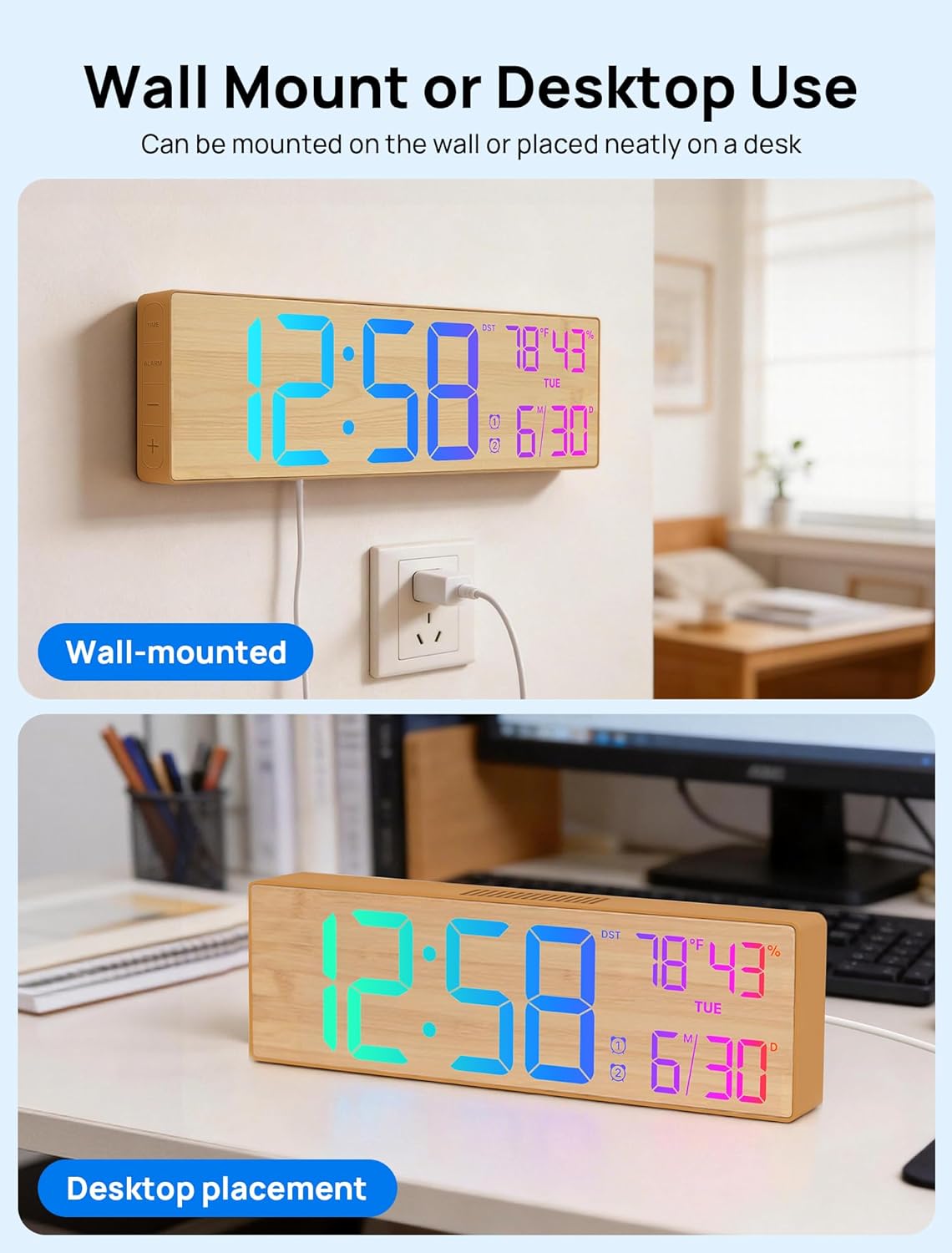 MASHI 18.5 Large Digital Wall Clock with Remote Control, Dual Alarm with Big LED Screen Dispaly,10 Adjustable Brightness, DST, Date Week,Temp for Living Room, Bedroom, Gifts for Elderly (Bamboo)