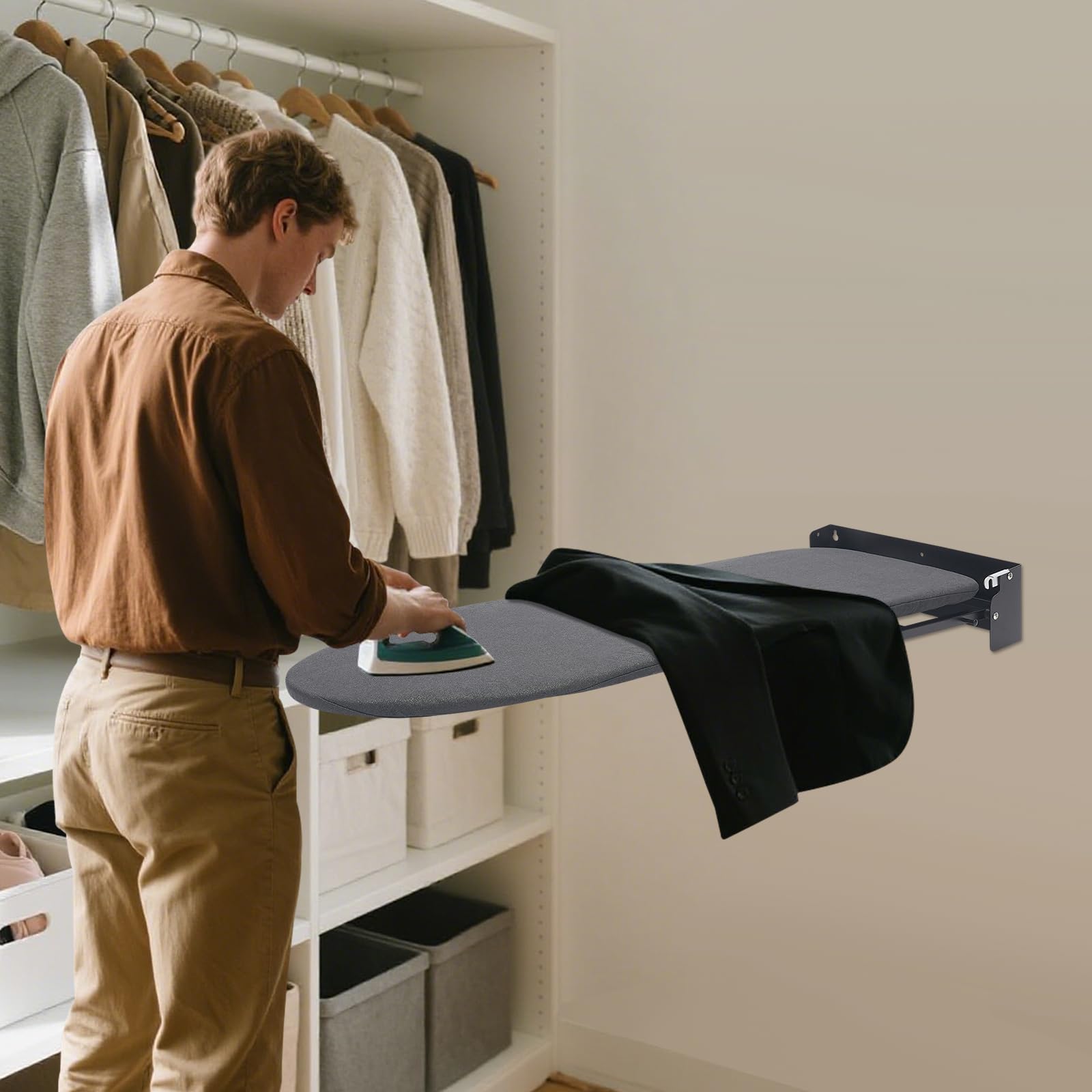 Tabla de planchar montada en la pared, plegable, giratoria 180°, tabla de planchar plegable, ahorra espacio, tabla de planchar para colgar en la pared, ideal para apartamentos pequeños, color negro