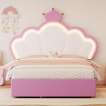 Single Bed Frame, 3ft Kids Ottoman Bed with Hydraulic Storage, Upholstered Bed with LED-Lighting, Crown-Shaped Headboard for Girls, Pink, 90x190 cm (No Mattress)