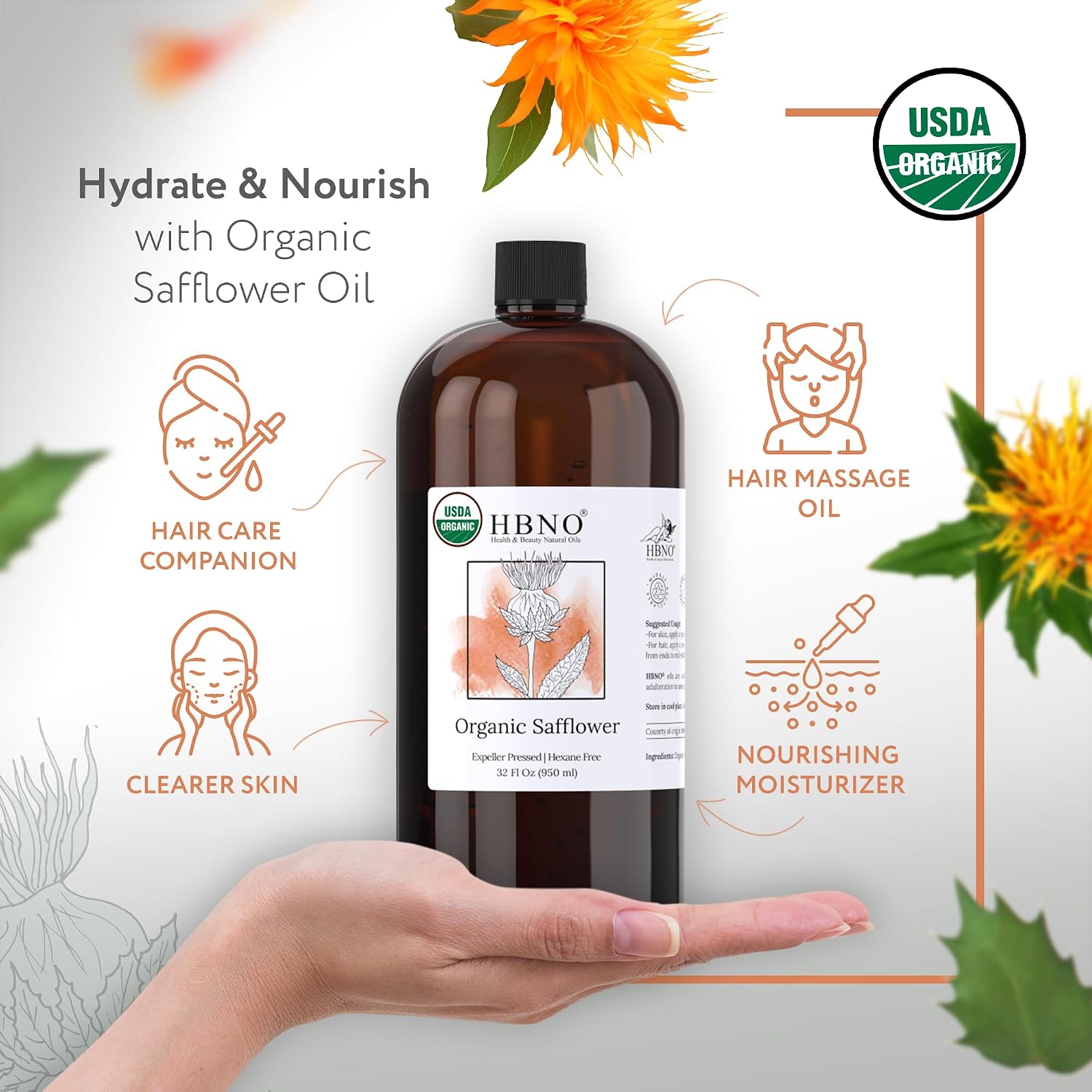 HBNO Organic Safflower Oil - 32 oz (950ml) Value Size - Ideal for Shampoos, Conditioners, Face wash, Lotions, and Skin care products