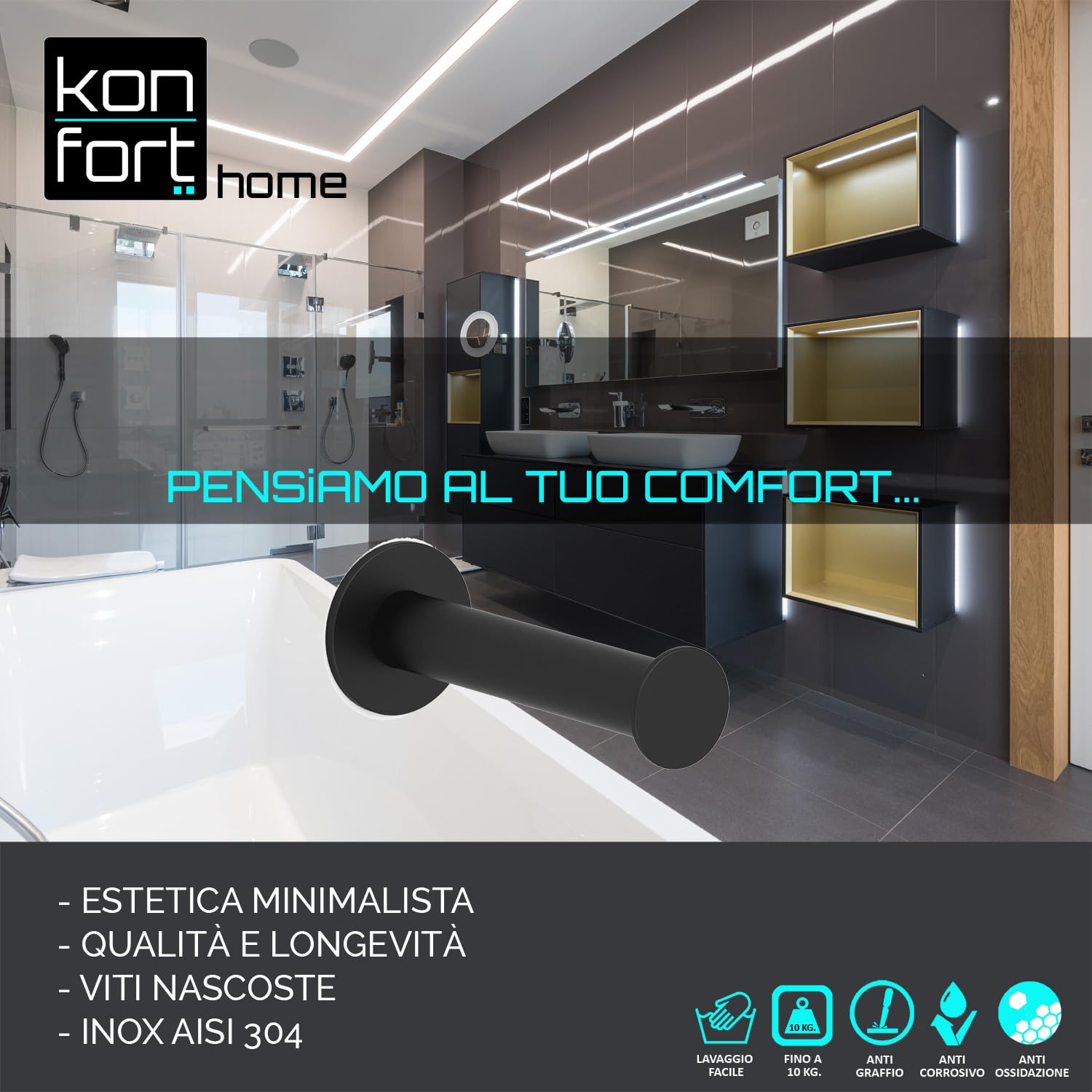 Portarotolo Carta Igienica Nero In Acciaio Inox AISI 304 - Design Moderno, Verticale, Made In Europe - Foto 2