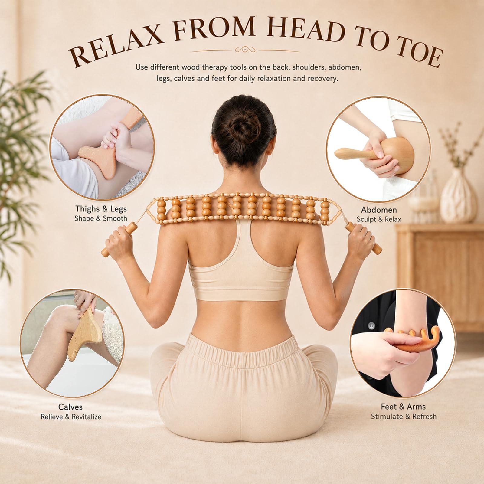Maderotherapie Set 8 in 1, Holz Massage Set mit Faszienrolle & Faszienstab