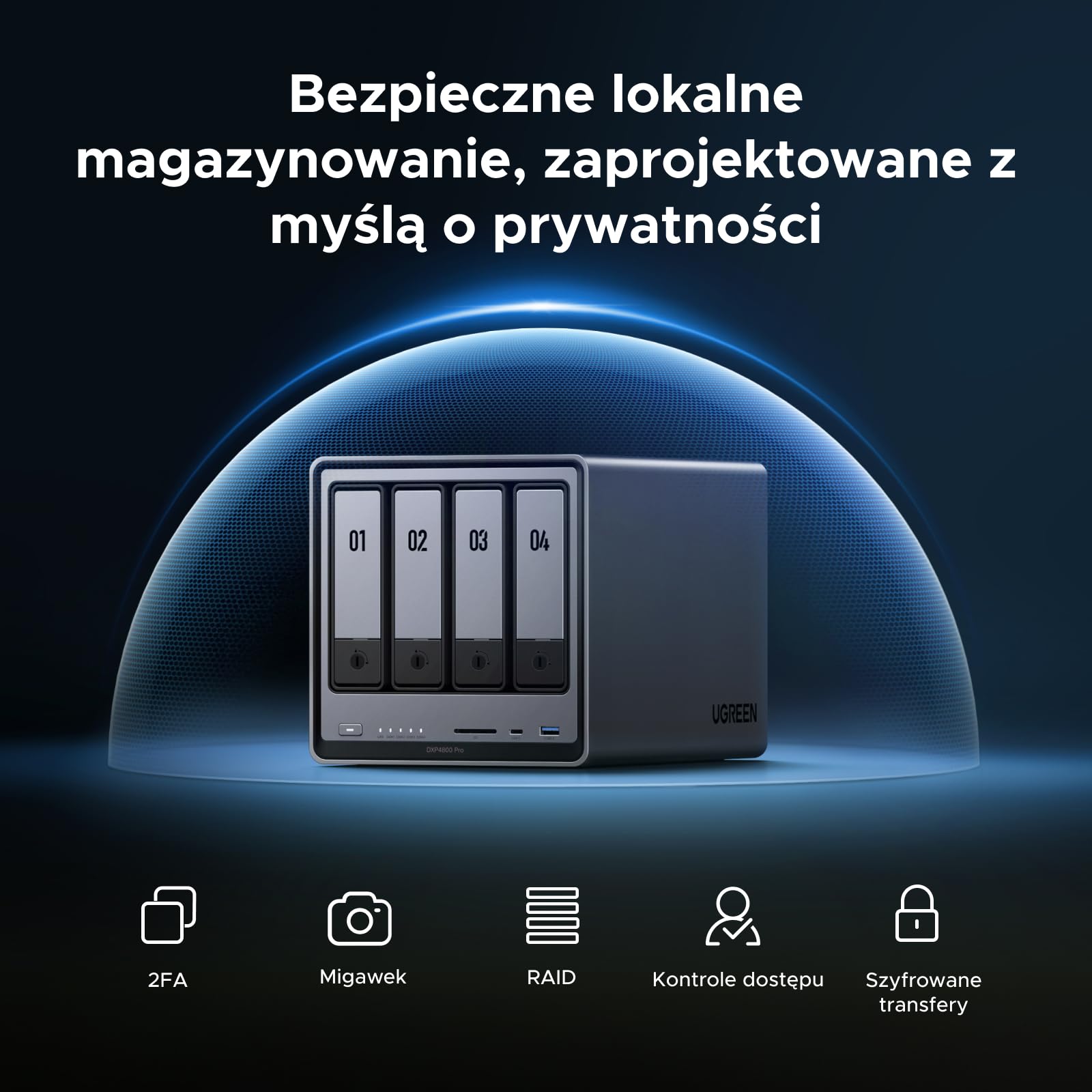 UGREEN NASync DXP4800 Pro NAS Stołowy 4 Gniazda, Procesor Intel i3-1315U 6 Rdzeni, 8GB Pamięć RAM DDR5 do 96GB, 128GB SSD, 1x 10GbE, 1x 2,5GbE, 2x Gniazda M.2 NVMe, HDMI 4K (Bez Dysków)